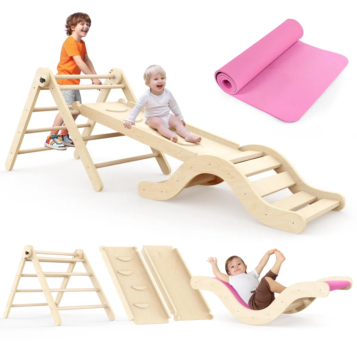 Set da gioco indoor 7 in 1 con scivolo, arco e tappetino per bambini 1-3 anni
