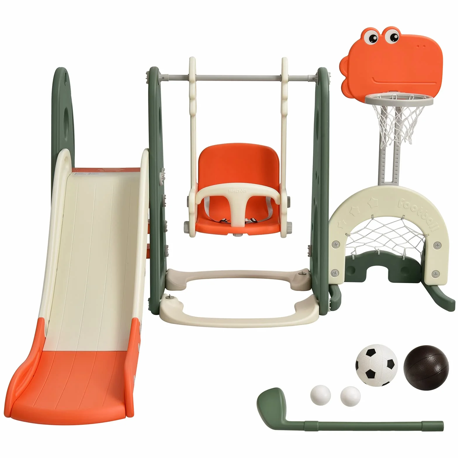 COSTWAY 6 in 1 Parco Giochi per Bambini, con Altalena Scivolo Canestro da Basket Golf, Parco Giochi per Bambini da Esterno ed Interno, 172x182x108-120cm, 18 Mesi+ (Arancione)