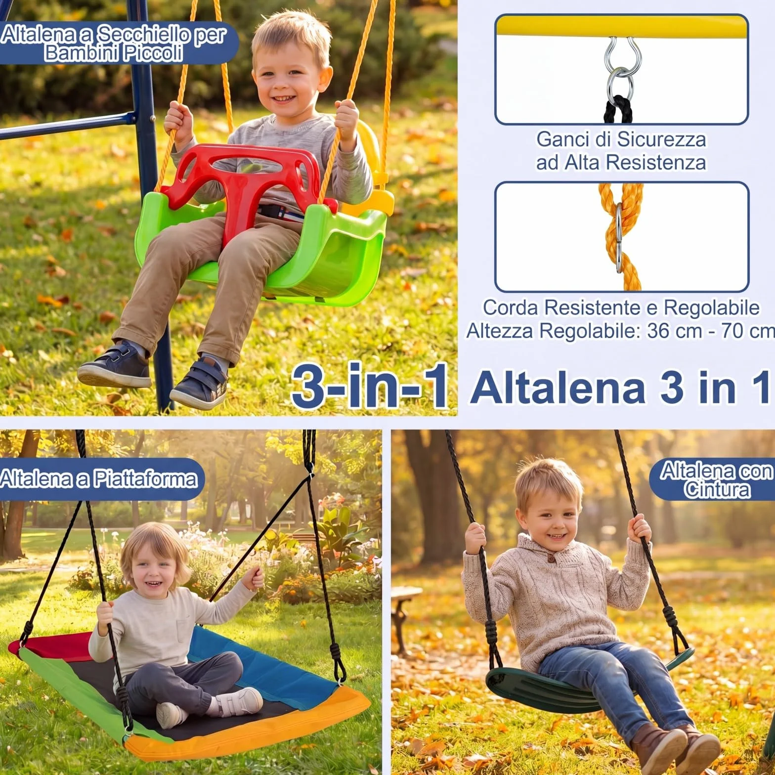 COSTWAY Set di Altalene da Interno e da Esterno, 3 in 1 Altalena da Giardino per Bambini, Corde Regolabili, per Giardino e Parco, Portata 300 kg