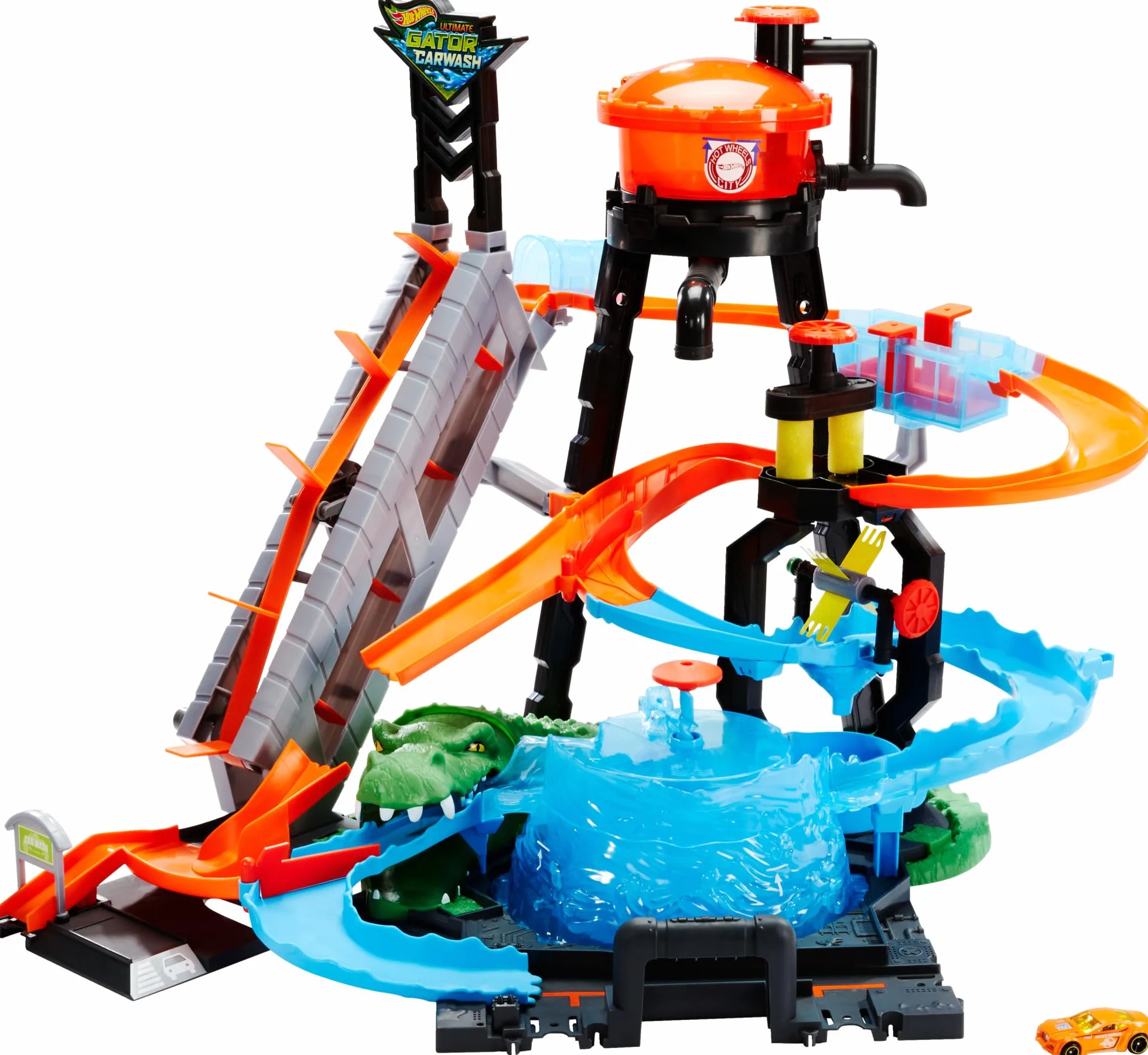 Hot Wheels Mega Autolavaggio Playset per Macchinine con Pista Selvaggia e Coccodrillo, Torre dell'Acqua, Vasca del Vortice, Un Veicolo Cambiacolore, FTB67
