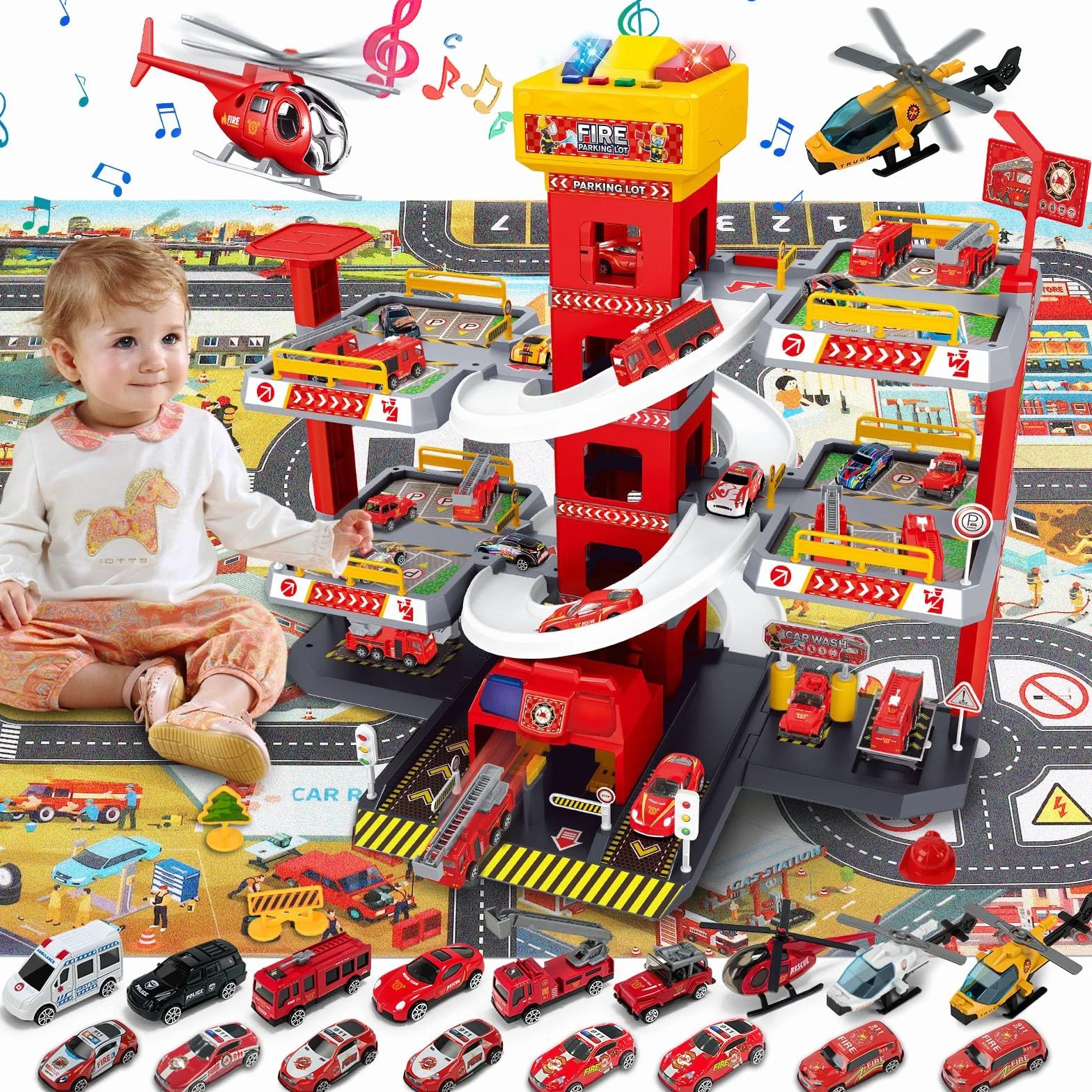 BuzzoXerex 5 Piani Garage Mmacchine per Bambini, Parcheggio Macchinine con 14 Autos e 2 Elicottero, Giocattolo Auto Garage con Ascensore e Rampe, Idea Regalo per Bambini 5 6 7 8 9 Anni (Rosso)