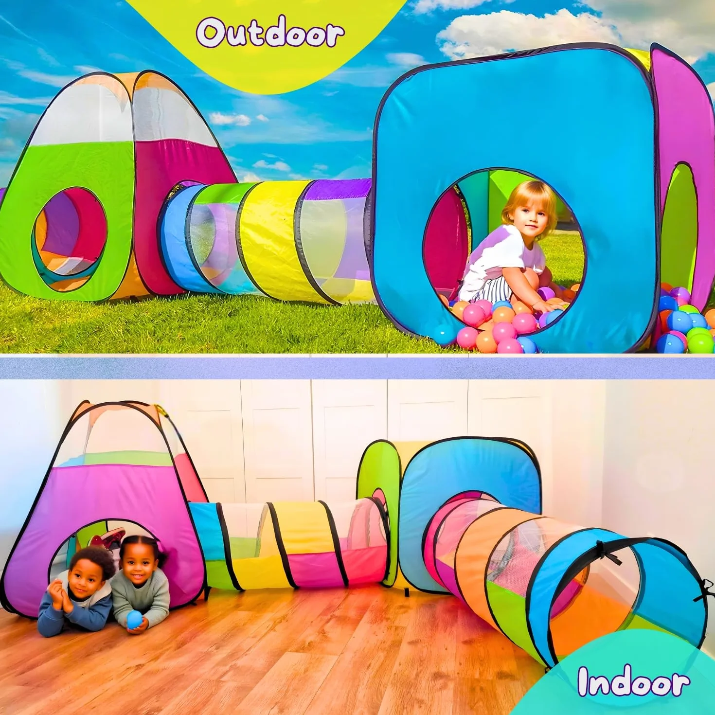 Tenda e Tunnel da Gioco Bambini 4 in 1 Pop Up con Ball Pool e Borsa Trasporto