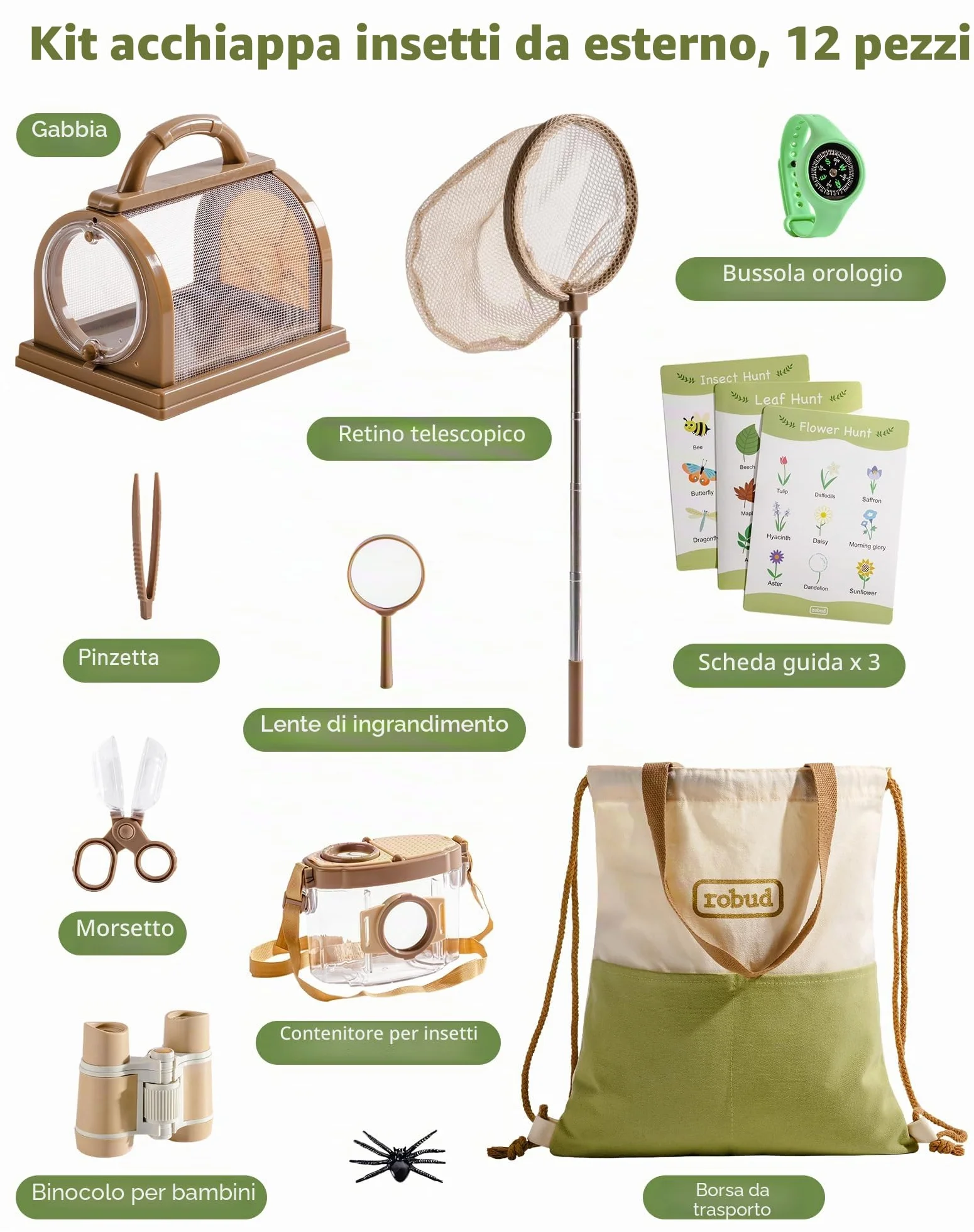 ROBUD Kids Outdoor Explorer Kit, Bug Catching Adventure Set with Butterfly Net, Magnifying Glass, Kids Binoculars, Bug Container, Carry Bag, Educational Toys Gift for Toddler Ages 3+