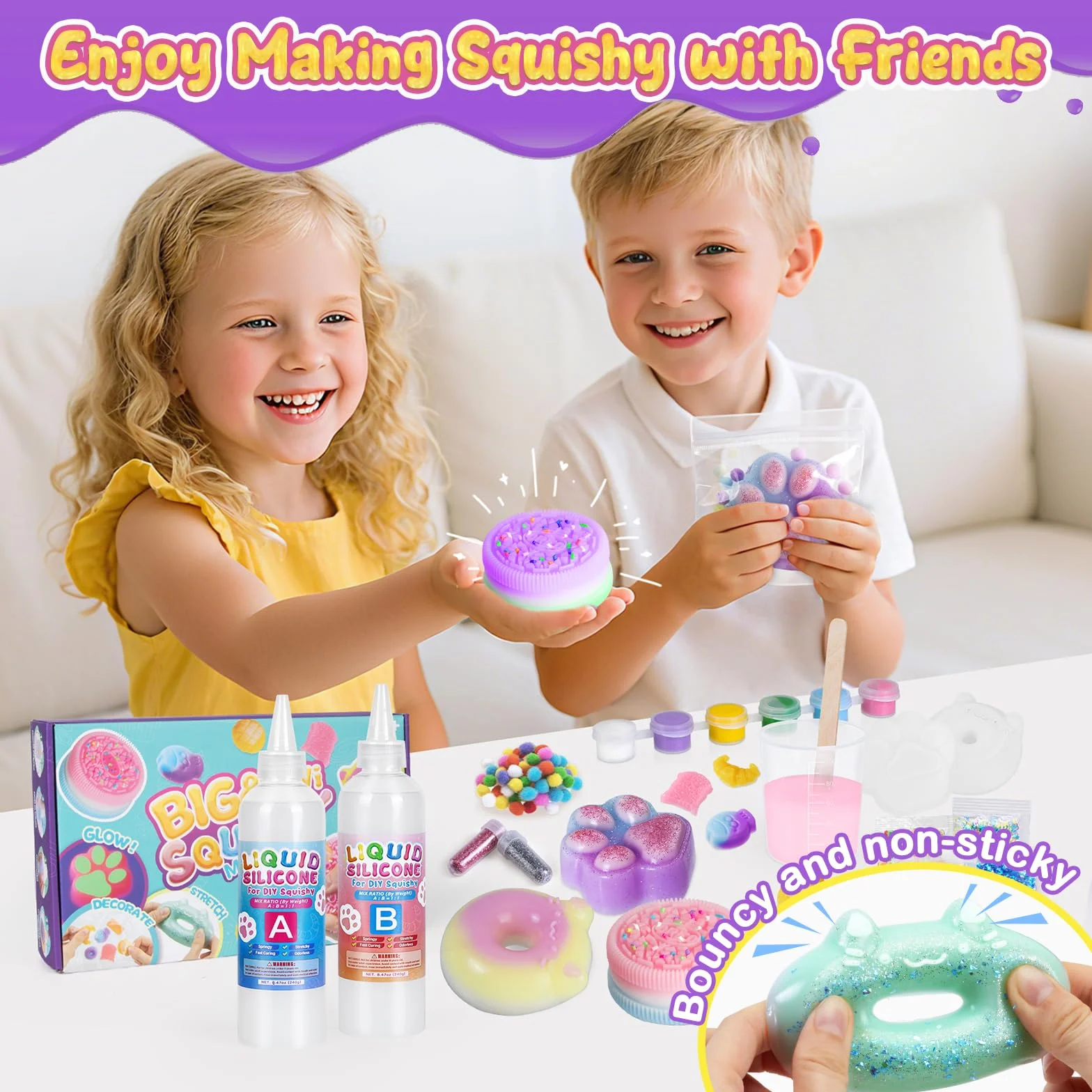 Silicone Liquido Luminosi Fai Da Te 480ml 1:1 AB Squishy Gomma Siliconica 9 Stampi e Accessori Giochi Sensoriali Antistress Regali Bambini 6+