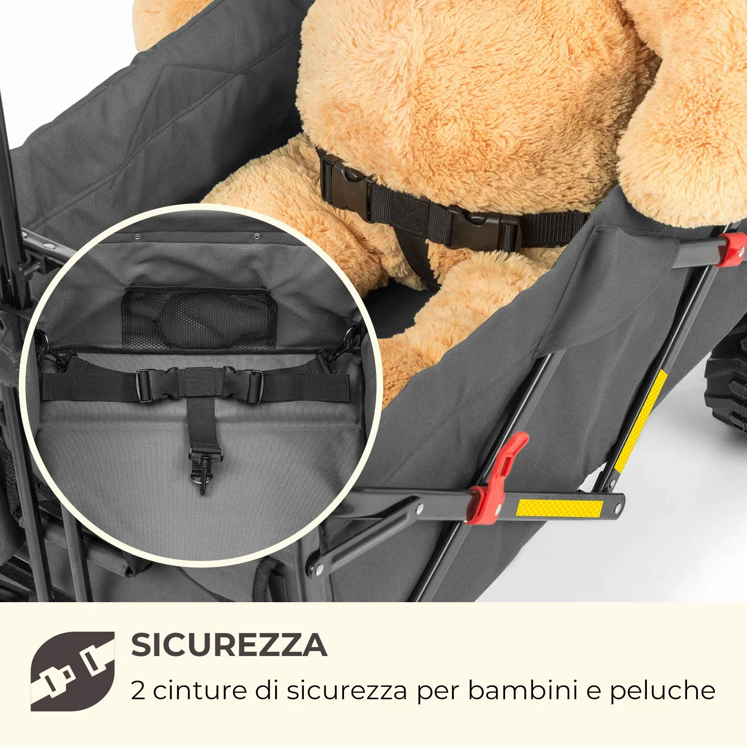 Waldbeck Easy Rider - Carretto, Carretto a Mano, Portata Fino a 70 kg, Copertura in Poliestere 600D, 2 Cinture di Sicurezza per Bambini, Pieghevole, Braccio Telescopico, Grigio