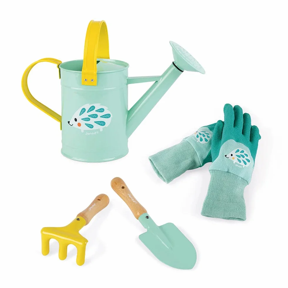 Janod - Set Del Piccolo Giardiniere Happy Garden, Set Di 4 Utensili Da Giardinaggio per Bambini, per Lo Sviluppo Della Motricità Fine, Color Menta - Da 3 Anni in su, J03187