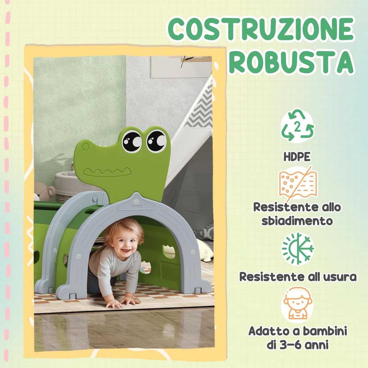 AIYAPLAY Tunnel da Gioco per Bambini 3-6 Anni a Forma di Coccodrillo, Tunnel Gioco da Interno ed Esterno in Plastica, Modulabile in Diverse Forme, Adatto per Asilo e Parco Gioco, Verde