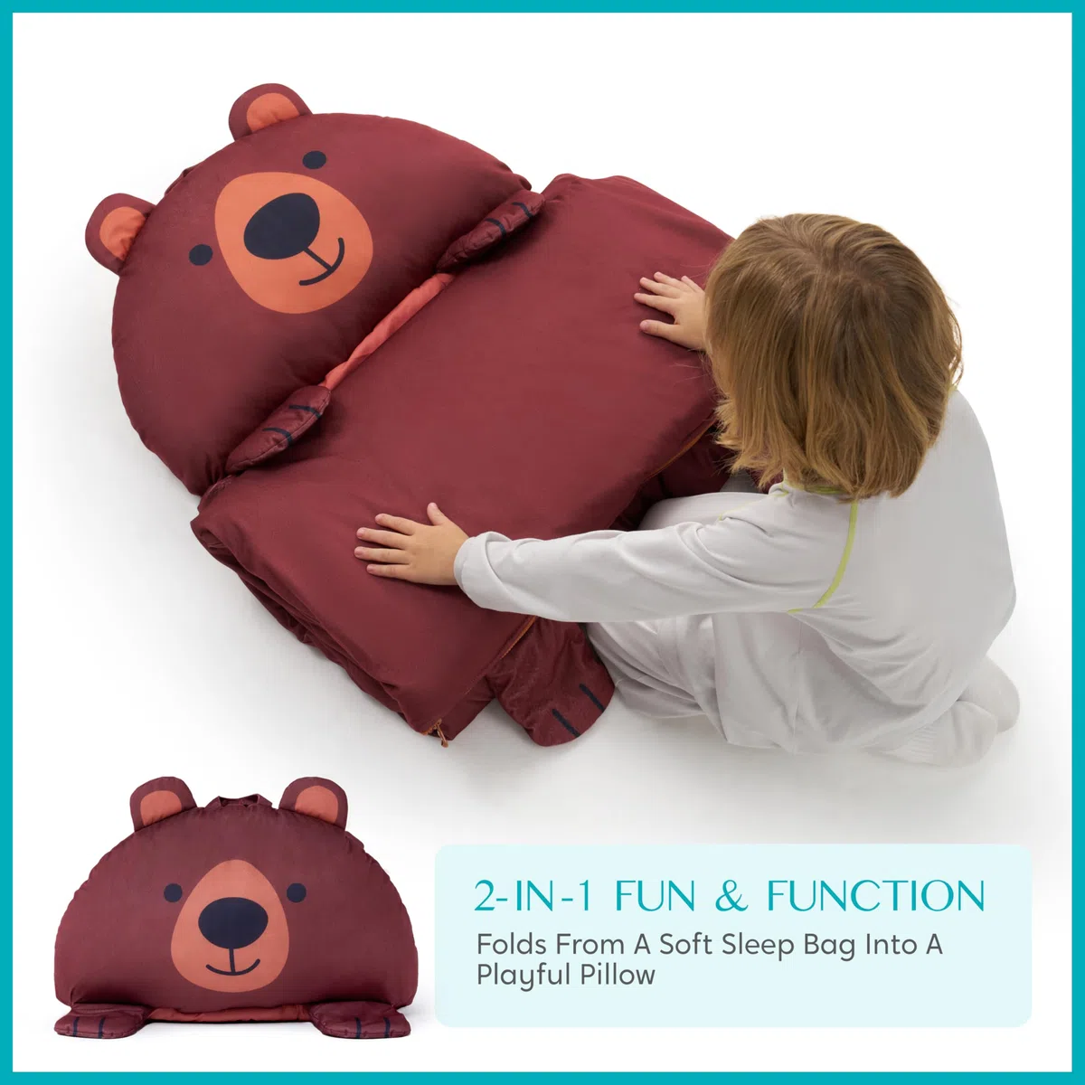 JOIEDOMISacco nanna a forma di orso, 152 x 68 cm, con cerniera, cuscino e coperta, Per bambini dai 3 anni in su, Per bambini e bambine in età prescolare
