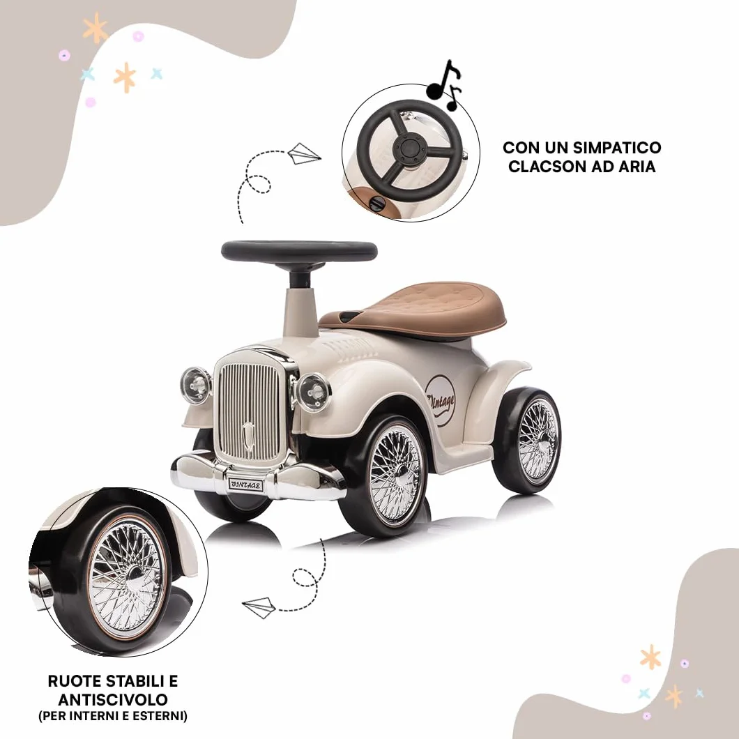 Baroni Toys Macchina Ride-On Vintage per Bambini dai 12 ai 36 Mesi, Baby Car con Clacson ad Aria, Vano Portaoggetti, Manubrio Sterzante e Ruote Stabili per Imparare a Camminare, 25x59x35 cm, Bianco