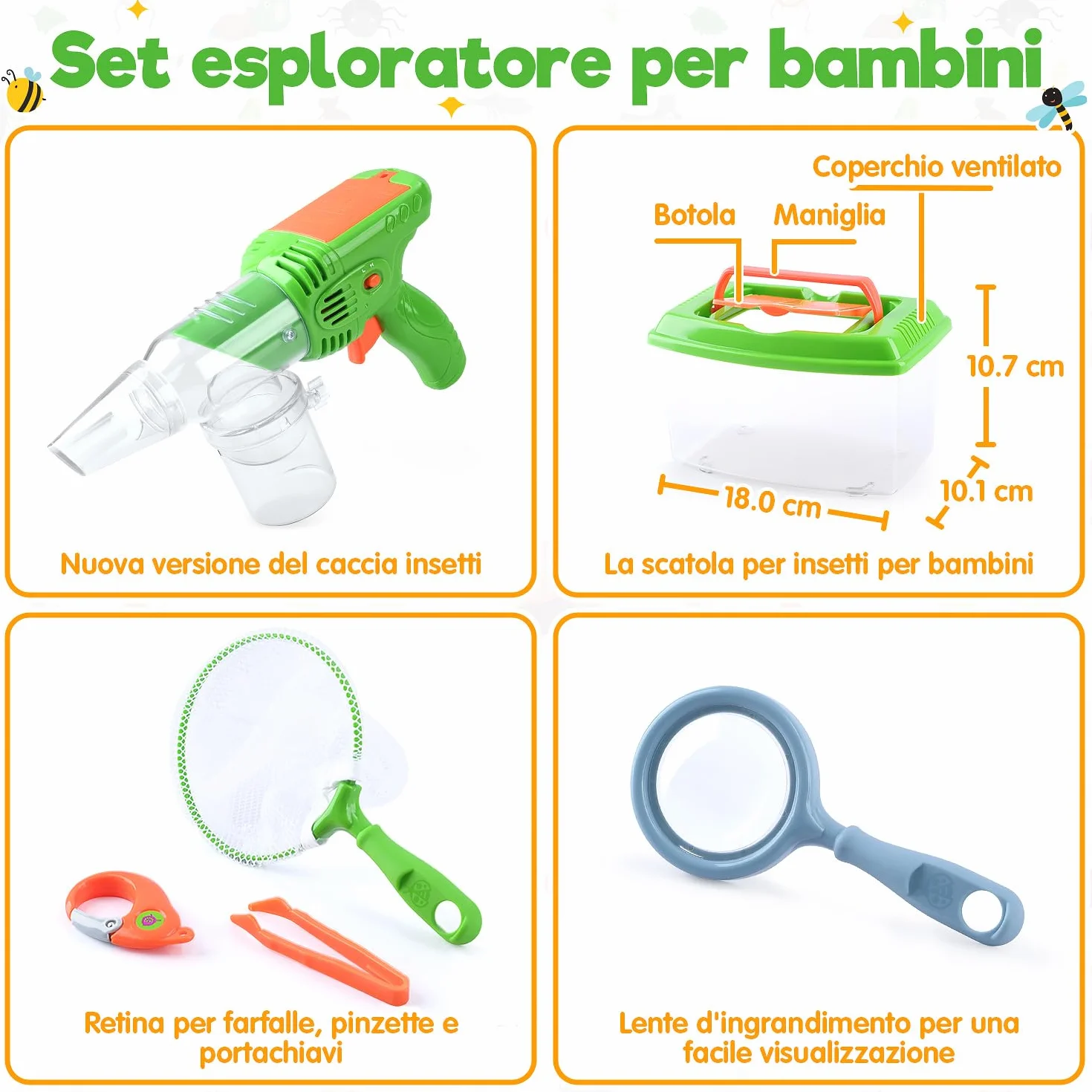 Kit Esploratore Bambini con Cattura Insetti, Scatola per Insetti, Rete di Farfalle, lenti d'ingrandimento, Pinzette, Portachiavi, Esplorazione Outdoor Giocattoli Regalo Set per Bambini da 3+ Anni