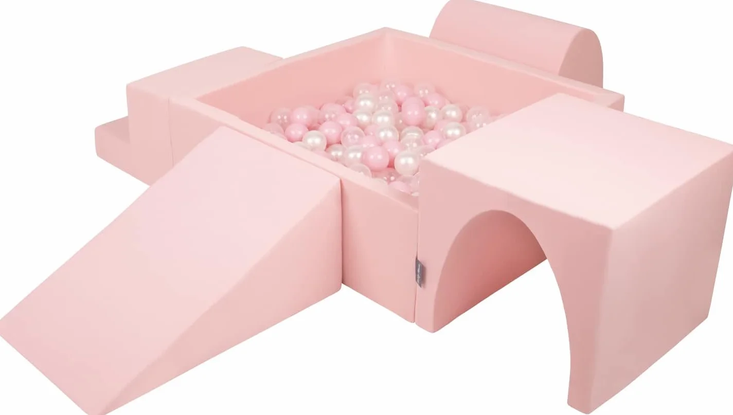 KiddyMoon Area di Gioco in Schiuma con Quadrato Piscina di Palline (200 Palline) per Bambini, Rosa:Rosa Chiaro/Perla/Trasparente