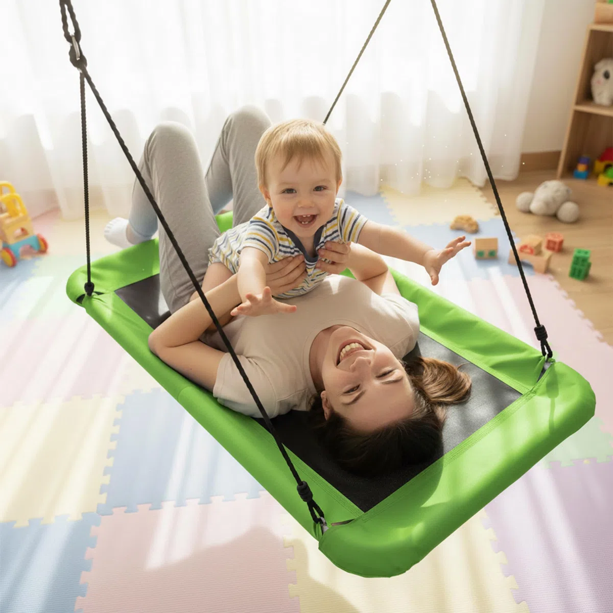 Relaxdays Altalena Nido Rettangolare per Bambini e Adulti, 150 kg, 150x80x165 cm, Verde