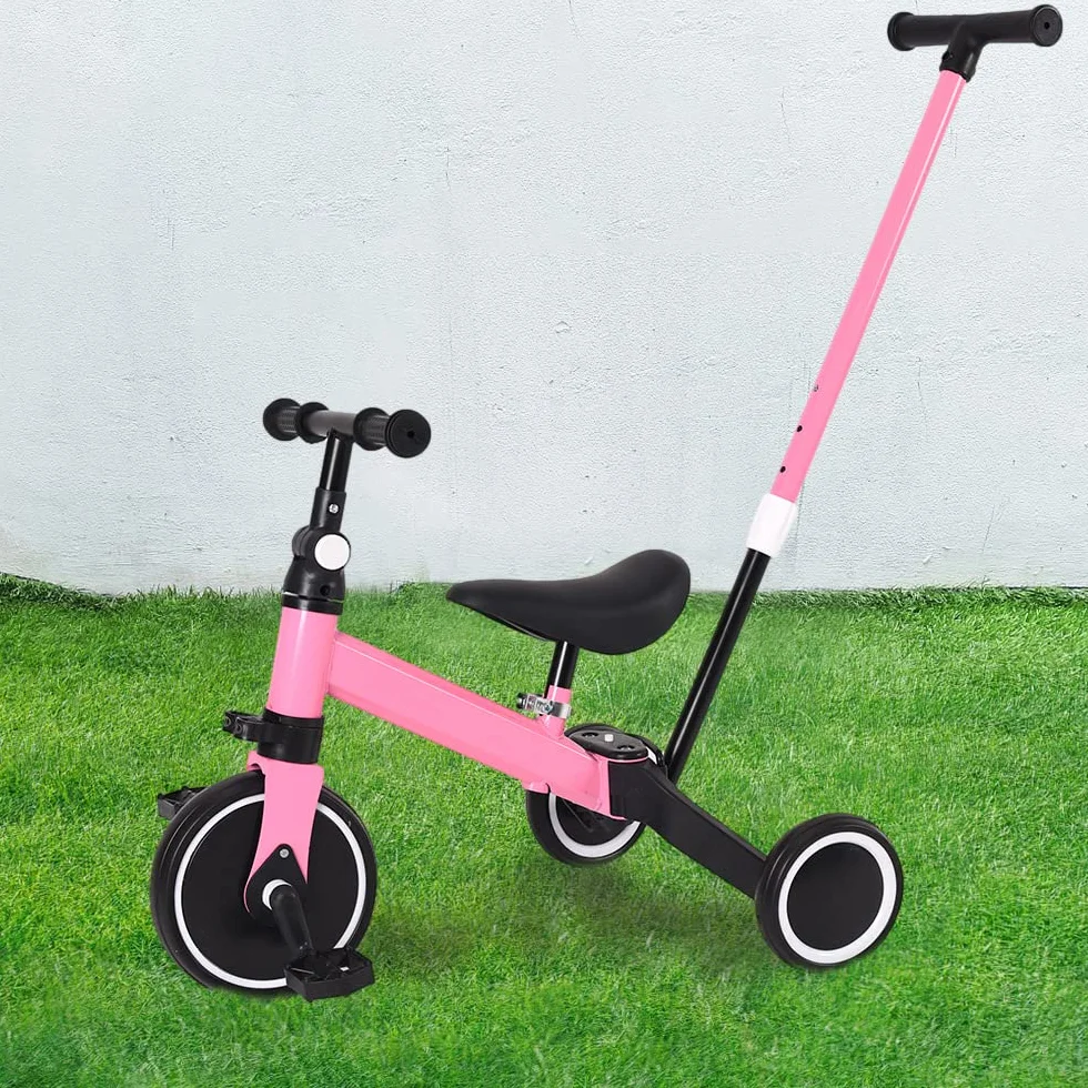 bicicletta per bambini con frizione,Triciclo 3 in 1 con manico scorrevole per bambini da 1 a 3 anni, ruota pieghevole, ruote più grandi, pedali rimovibili, 3 in 1 (rosa)