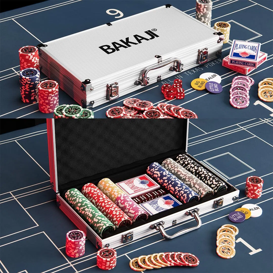 BAKAJI Set Valigetta da Poker in Alluminio con 300 Fiches Chip, Confezione da Gioco Professionale, 2 Mazzi di Carte, 5 Dadi, Pulsante Dealer, Valigia Alta Qualità Ideale per Texas Hold'em e Blackjack
