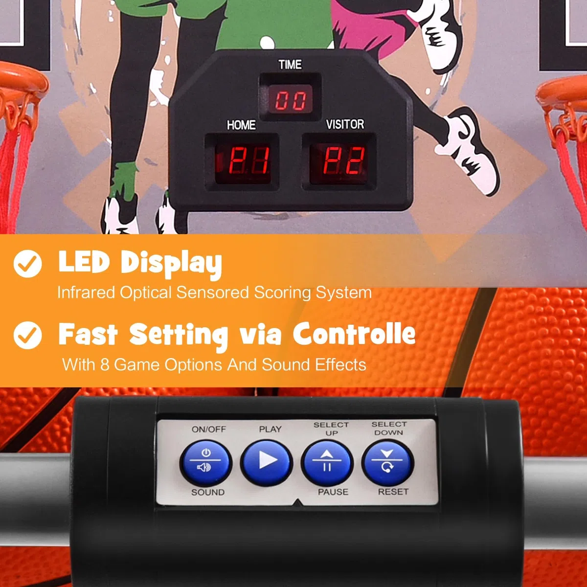 LIFEZEAL Gioco Arcade di Pallacanestro pieghevole, doppio cestino da Basket con 8 modalità di gioco e contatore per 2 persone, rete di sicurezza, telaio in metallo, 4 palloncini, 1 pompa (B)