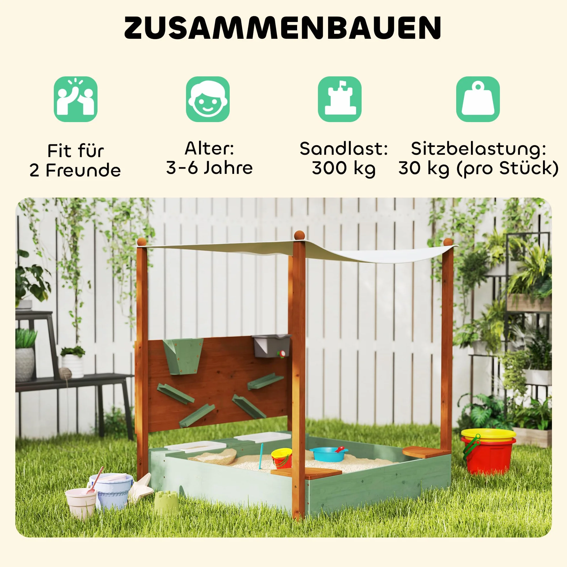 AIYAPLAY Sabbiera con tetto, 116 x 112,5 cm sabbiera in legno Sabbiera con sedile, 2 contenitori, sabbia e giochi d'acqua, secchio con rubinetto per bambini da 3 a 6 anni Verde