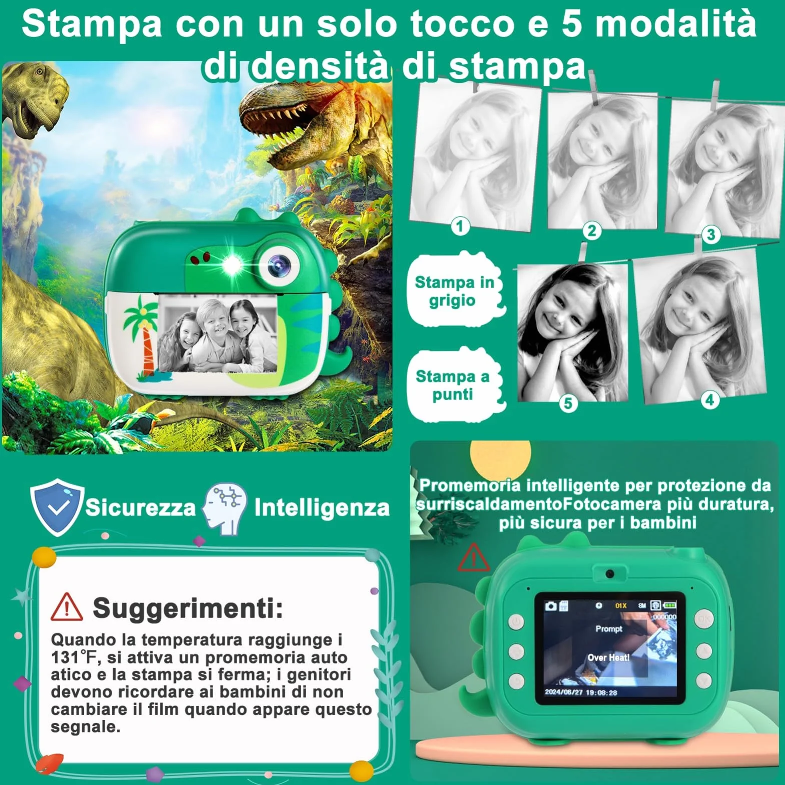 ARNSSIEN Macchina Fotografica Bambini Istantanea, 1080P Fotocamera Istantanea con 7 Rotoli di Carta, Fotocamera Digitale Bambini 2.4 Pollici, Regalo di Natale e Compleanno per Bambino di 3-12 Anni, M3