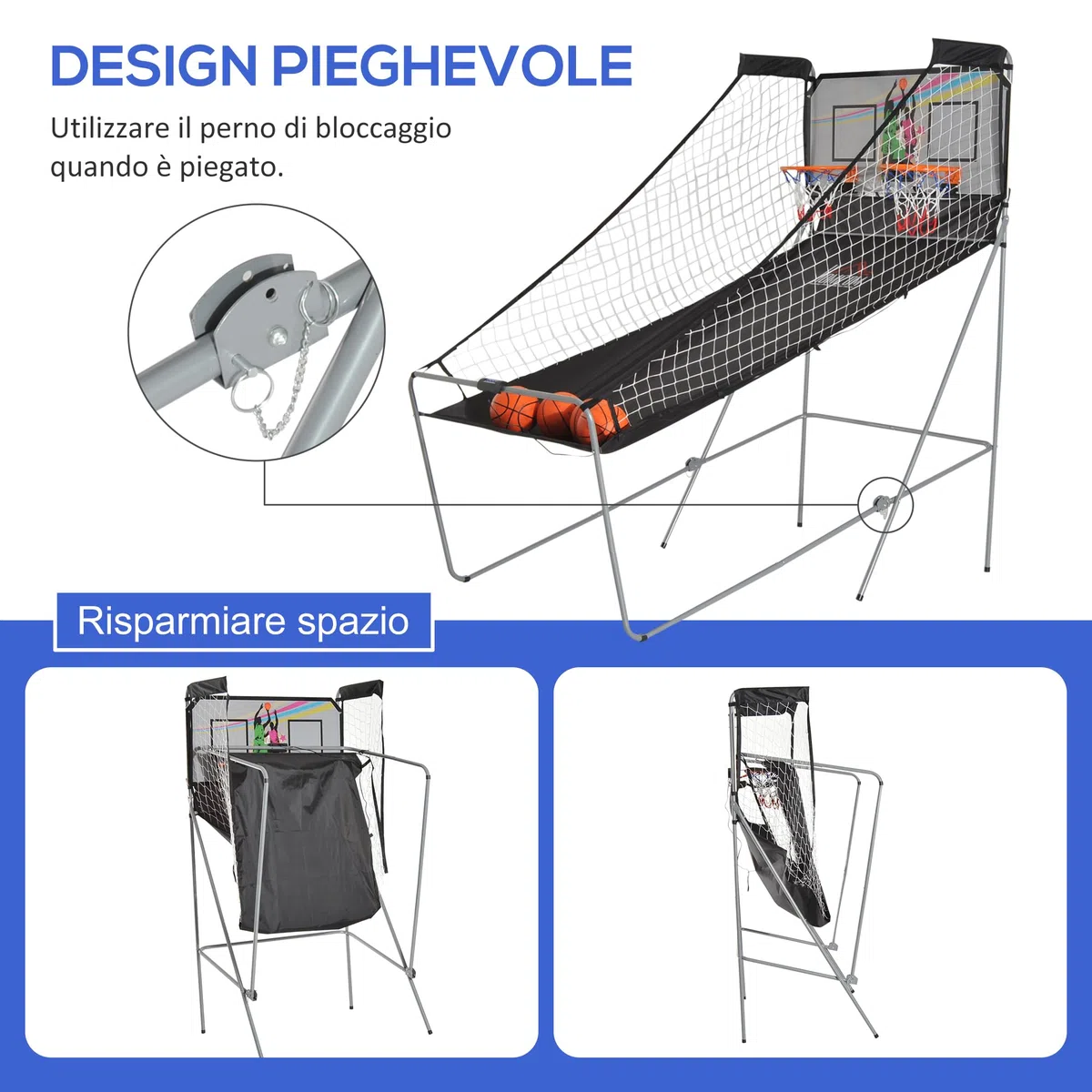 HOMCOM Canestro Basket con Tabellone LED, Pompa, 2 Canestri, 4 Palloni e 8 modalità di Gioco, Macchina da Pallacanestro Elettronica in Acciaio, Tessuto Oxford, MDF, 205x110x205 cm, Bianco e Nero