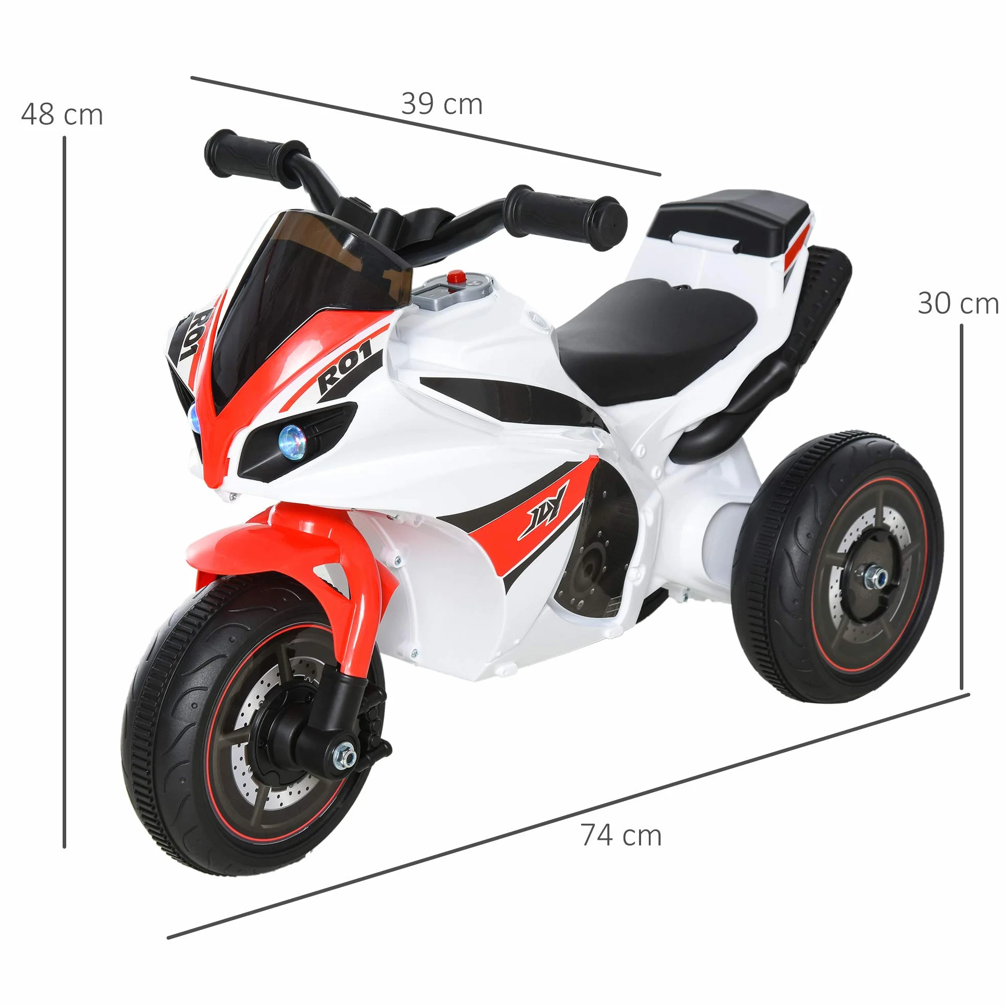 HOMCOM Moto Giocattolo a 3 Ruote per Bambini 18-36 Mesi, Motocicletta Cavalcabile Stile Polizia con Musica e Fari Senza Pedali in PP e Metallo Bianco e Rosso