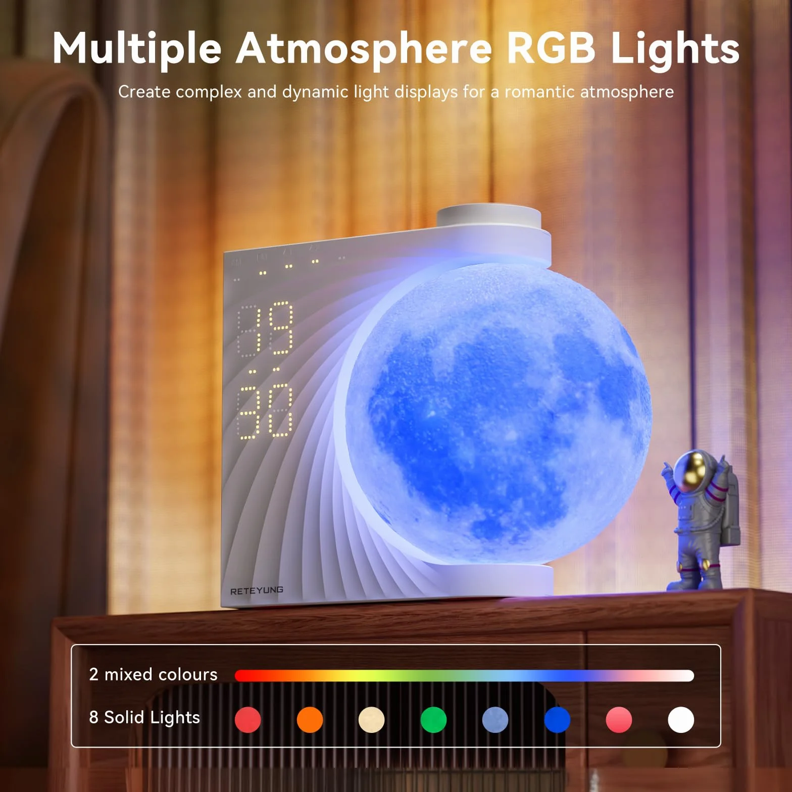 RETEYUNG Lampada Luna con Luce,2 Sveglie, Lunare RGB 8 Colori, Suoni Naturali, Wake Up Light, Lampada da Comodino a 3 Livelli di Luminosità Luce Notturna per Donne Ragazze Ragazzi (Rotazione manuale)