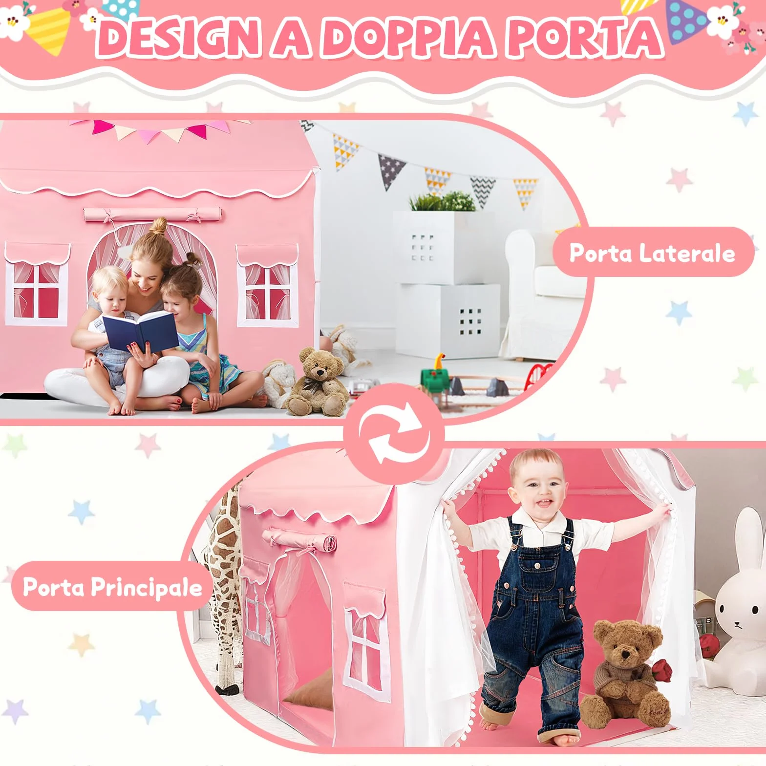 Tenda per Bambini Cameretta, Tenda da Gioco con 2 Porte per Interni Esterni con Luci LED e Bandierine, Rosa