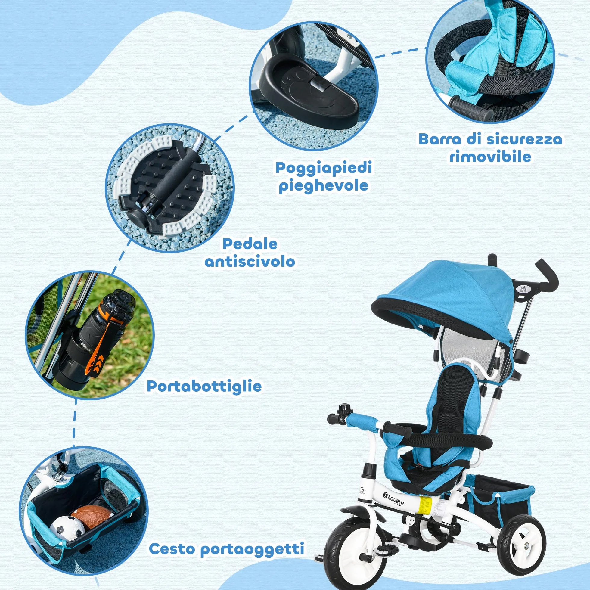 HOMCOM Triciclo per Bambini con Maniglione 6 in 1, Passeggino per Bambini con Tettuccio Regolabile, Cintura di Sicurezza e Cestino, Età 1-5 Anni, Blu