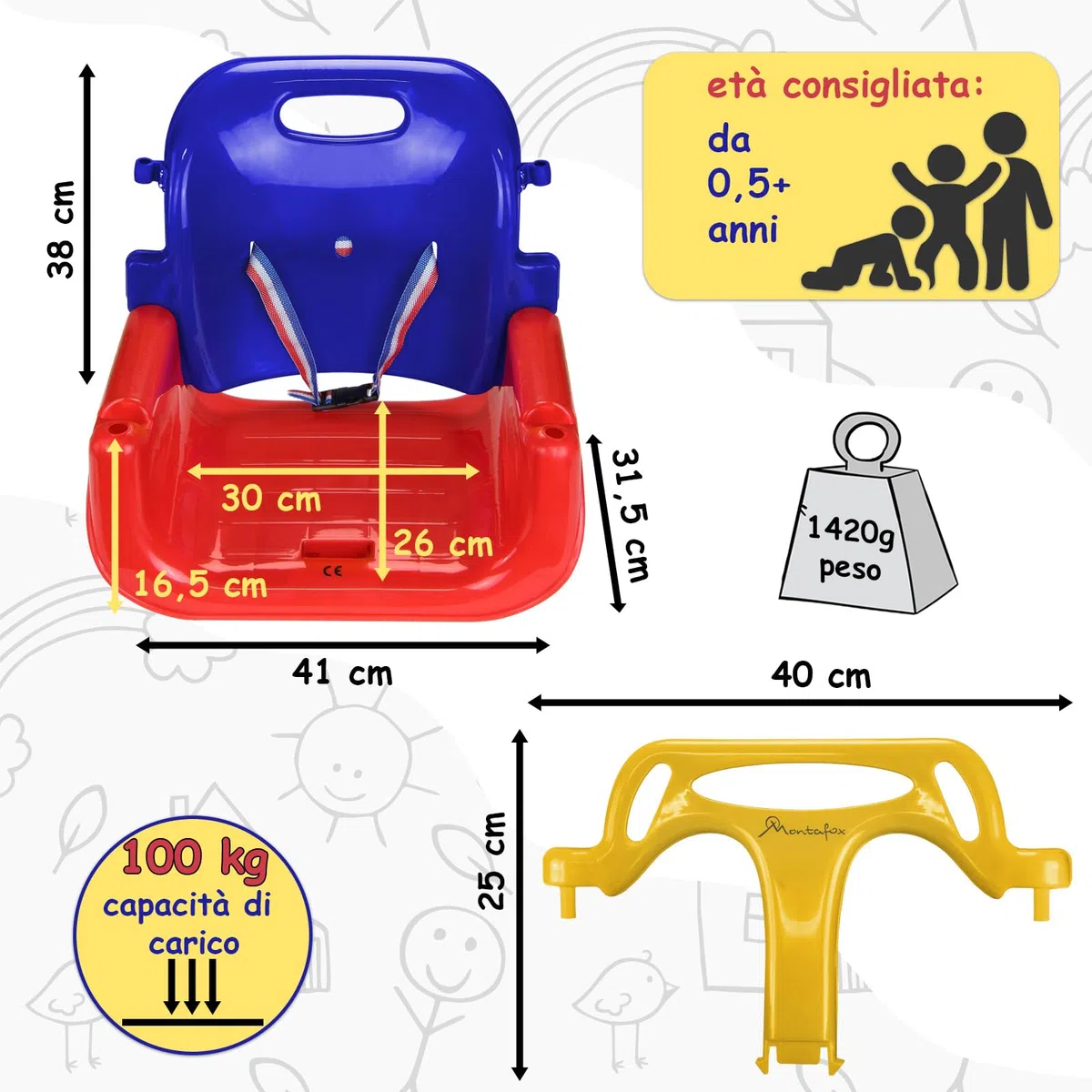 Montafox Altalena per bambini regolabile 3 in 1 seggiolino crescente con schienale e cintura di sicurezza, colorato