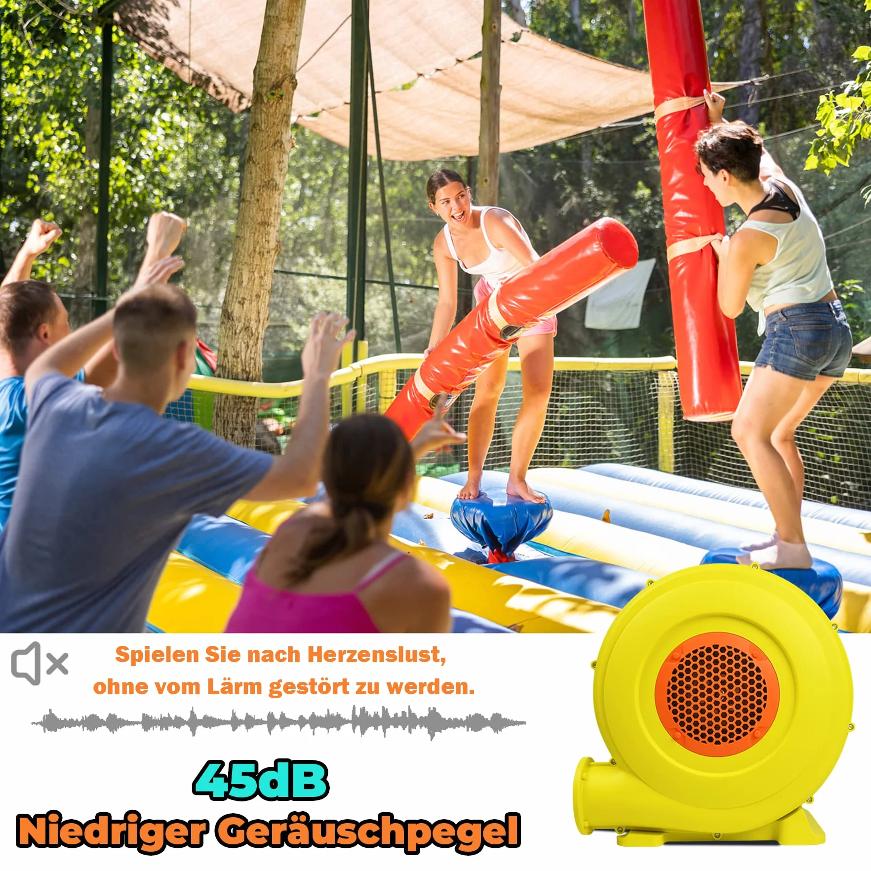 Froadp 750W Ventilatore di Aria del Castello Gonfiabile Pompa d'Aria Elettrica 220-240V Bassa Rumorosità Soffiatore Portatile con Impugnatura e Punta a Terra per Giochi Gonfiabili (Giallo+Arancione)