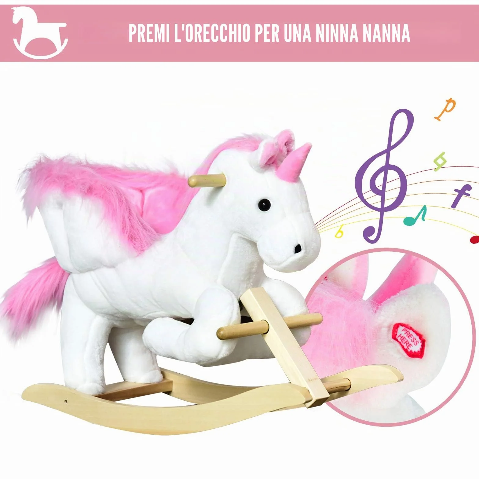 HOMCOM Cavallo a Dondolo a Forma di Unicorno con Musica, Struttura in Metallo e Legno, Rivestimento Peluche, 69x32x57cm, Bianco Rosa