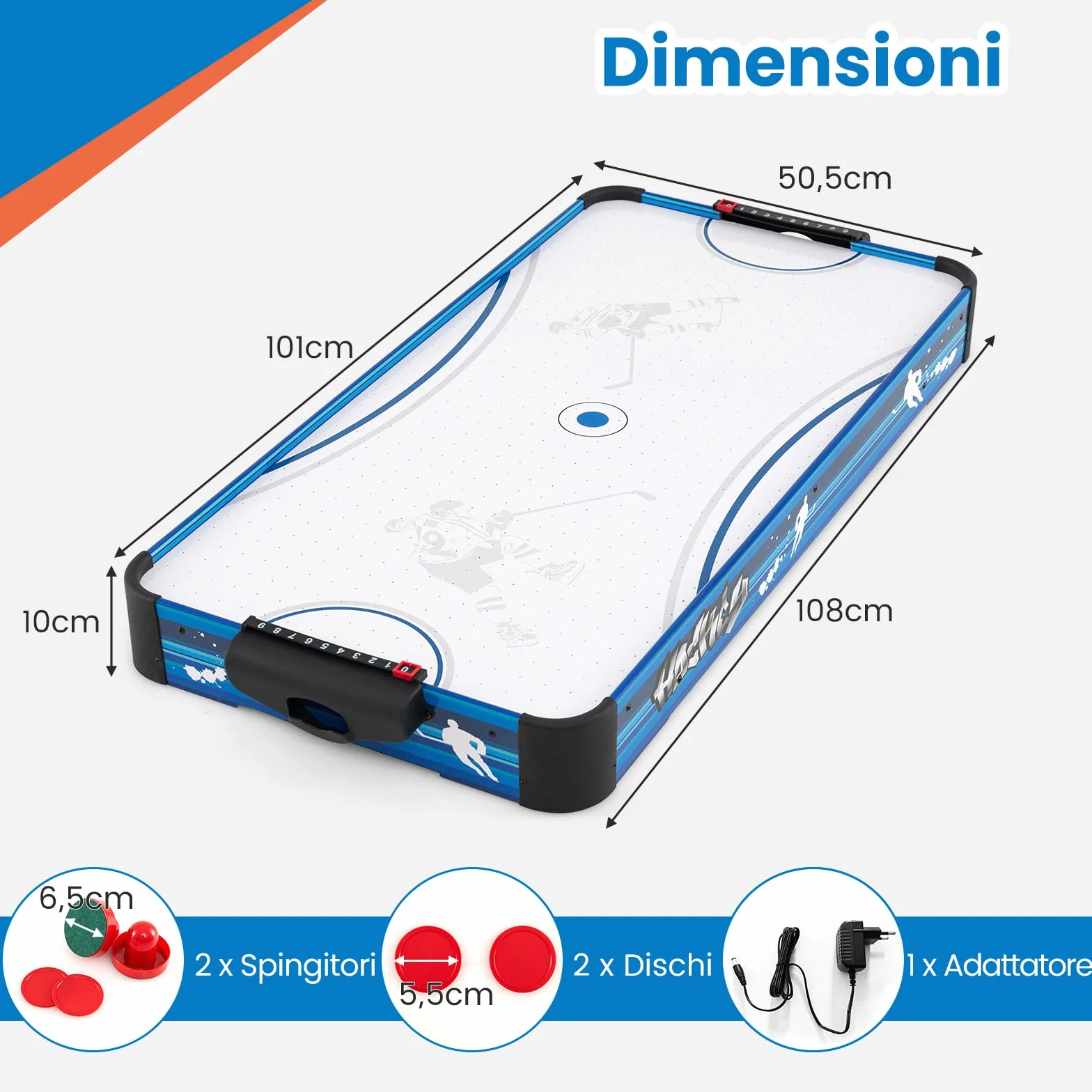 COSTWAY Tavolo da Air Hockey, con 12V Motore Elettrico Potente, 2 Dischi e 2 Spintori, Air Hockey da Tavolo per Sala Giochi Casa Ufficio, 108x50,5x10 cm