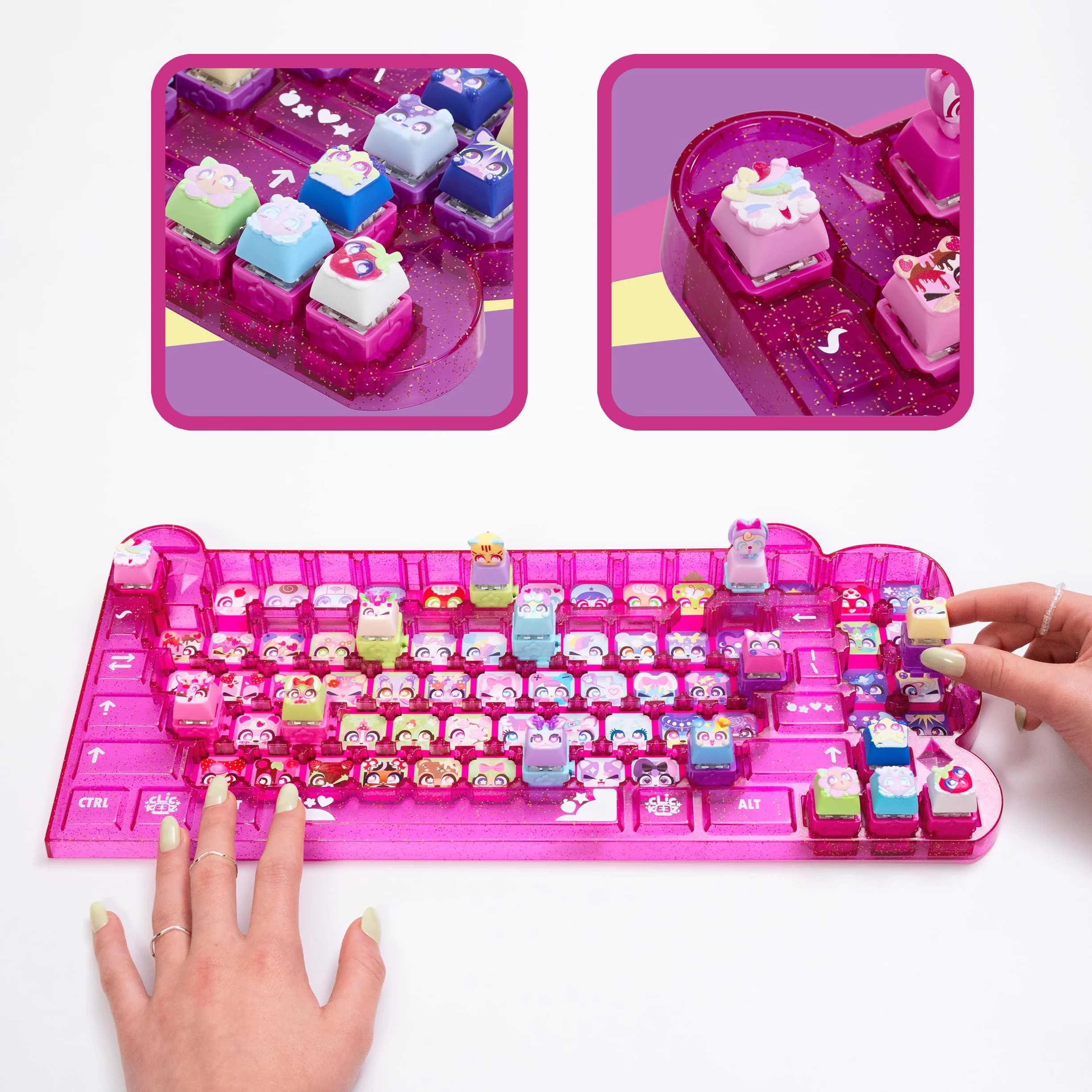 Goliath - CLICKEEZ KeyBoard MegaPack - 1 tastiera + 15 Tasti Kawaii + 1 portachiavi - Keycaps da cliccare - 70 personaggi da collezione - ASMR Fidget Toy - Idea regalo dai 6 anni in su