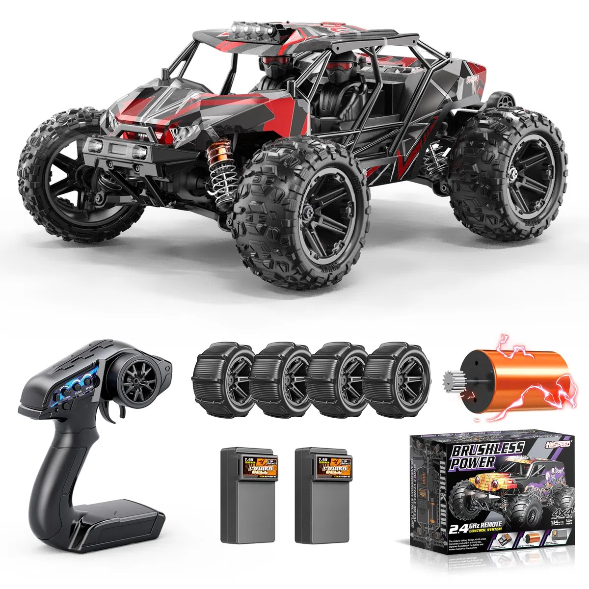 Macchina Telecomandata Professionale Brushless 1:14, RC Car 4WD 68 km/h con Roll Cage e Telaio Rinforzato, 2 Batterie 2S LiPo, Pneumatici Doppi, Macchina Radiocomandata Compatibile con 3S