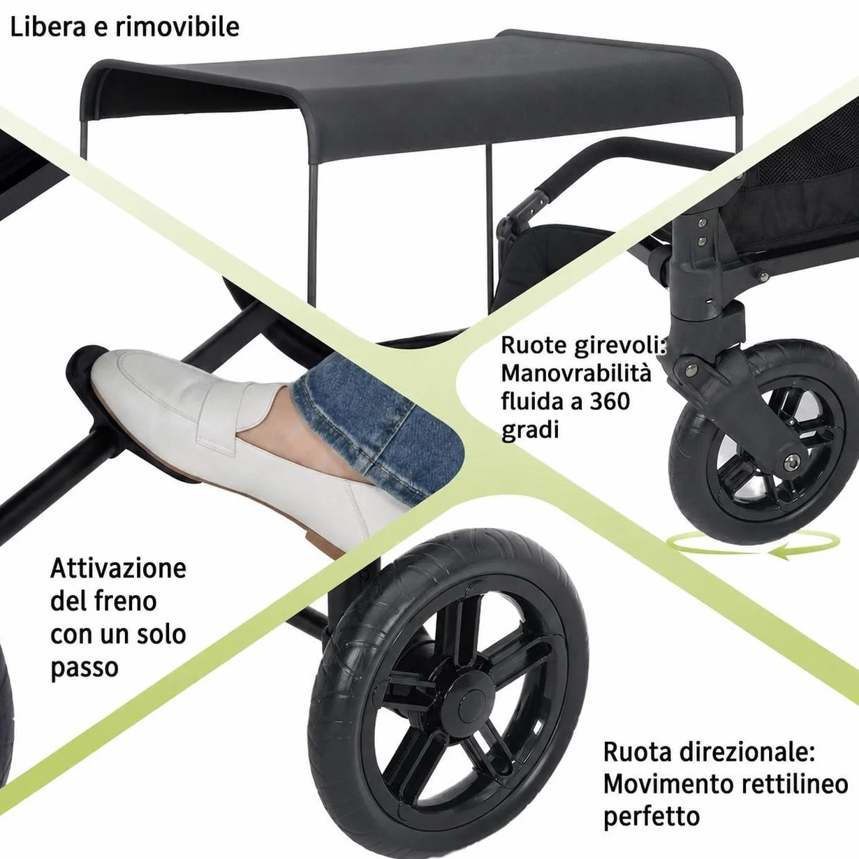 Passeggino a 4 Posti Per Bambini Pieghevole Tutto Terreno, Cappottina Regolabile, Maniglia Push & Pull, Vassoio Merenda, Imbracatura 5 Punti Di Sicurezza, Ruote Girevoli e Fisse, Spazio Ampio