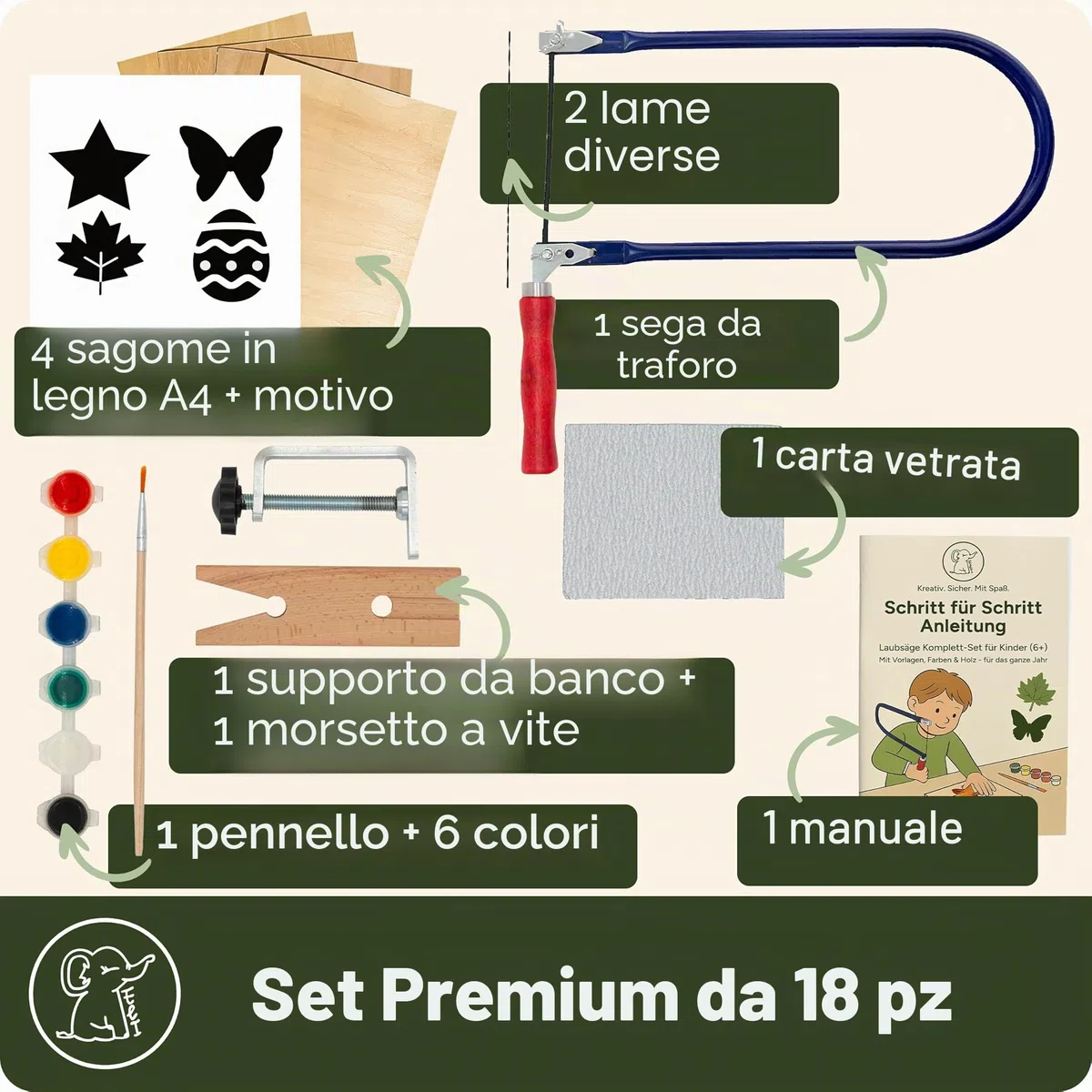 Eli® Sega da figura per bambini - Set completo per seghe figurative inclusi modelli creativi - Lastre figurative - Colori - Pennello - Carta abrasiva - Legno - Idea regalo per ragazzi e ragazze