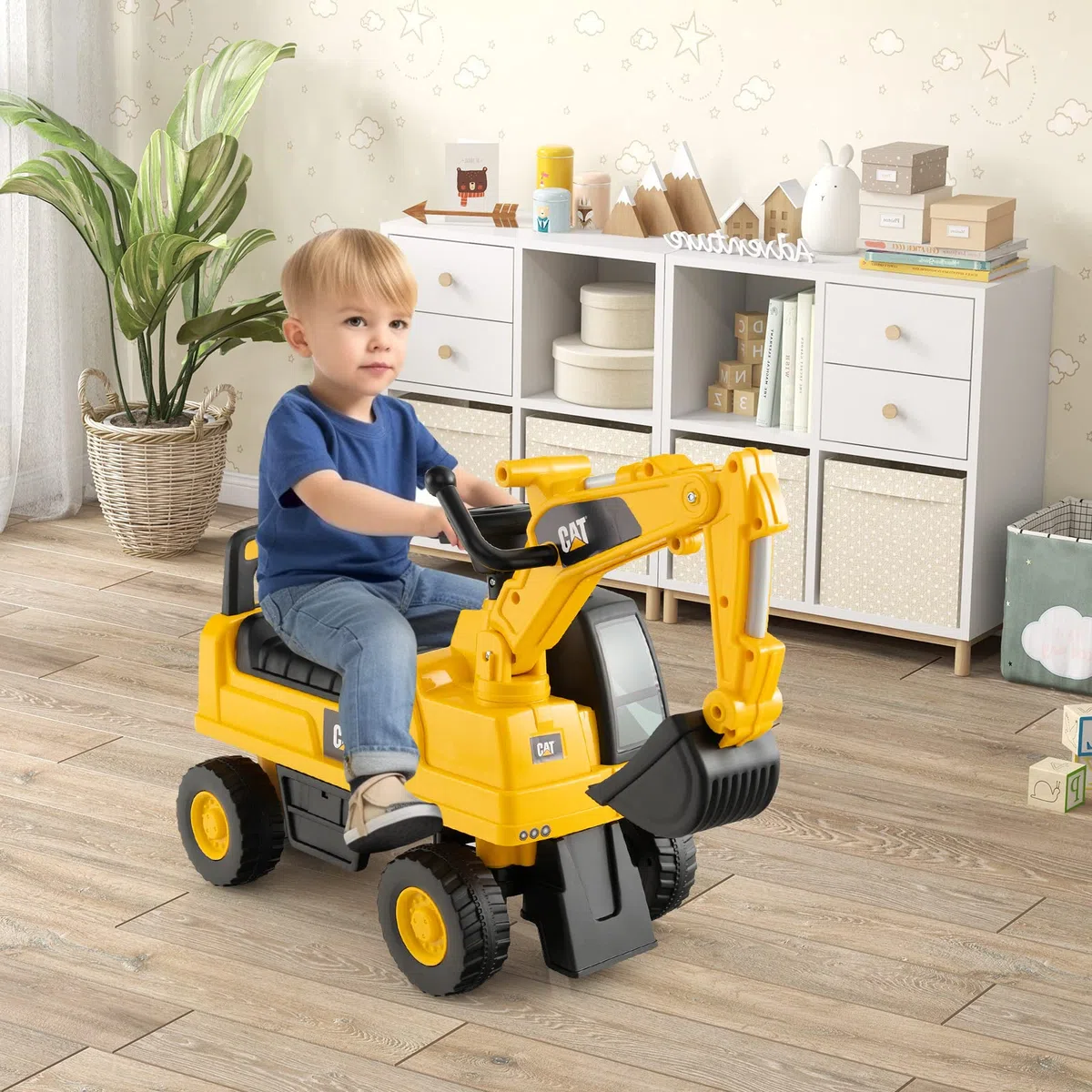 RELAX4LIFE Escavatore Ruspa Cavalcabile da 1-3 Anni per Bambini, con Licenza CATERPILLAR,Clacson suono,Braccio Girevole e Alzabile e e Vano Contenitore, 30x74x54 cm