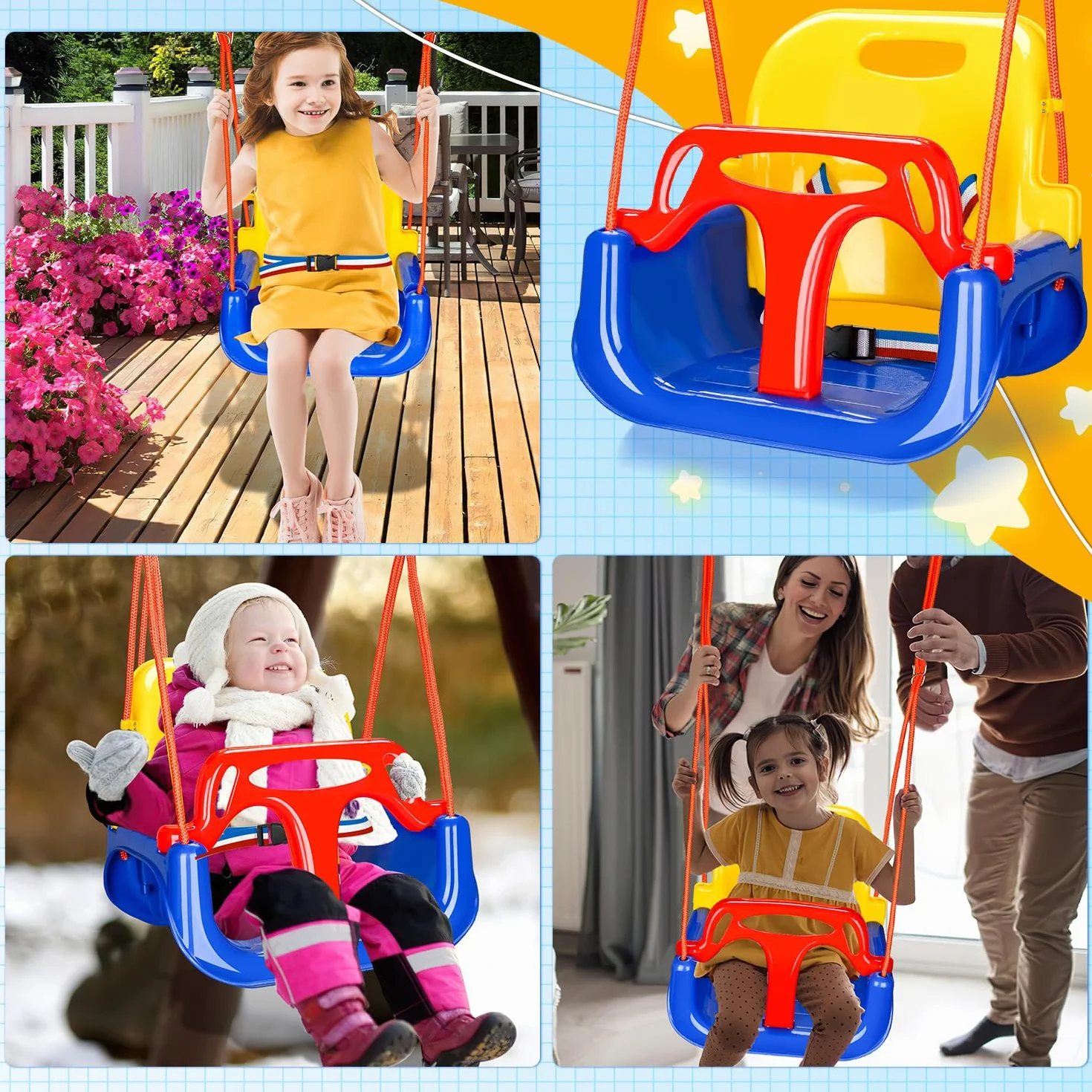 Altalena per bambini 3 in 1 fino a 50 kg, seggiolino rimovibile, regolabile in altezza, altalena per bambini che cresce con il bambino per esterni e interni