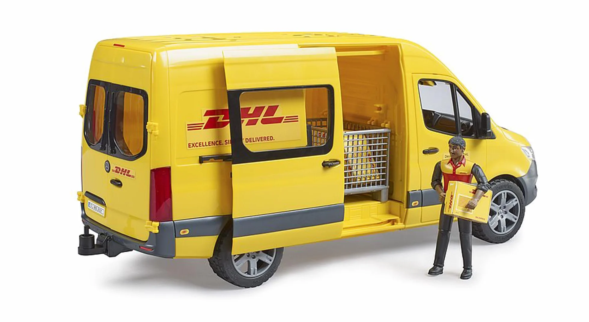 bruder - 02671 - MB Sprinter DHL con autista incluso box pallet con pacchi di spedizione, veicolo, trasportatore