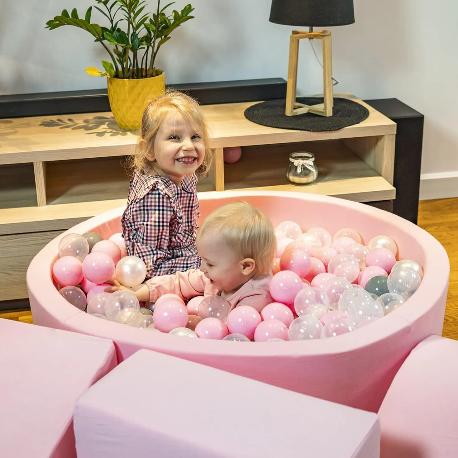 KiddyMoon Area di Gioco in Schiuma con Quadrato Piscina di Palline (200 Palline) per Bambini, Rosa:Rosa Chiaro/Perla/Trasparente