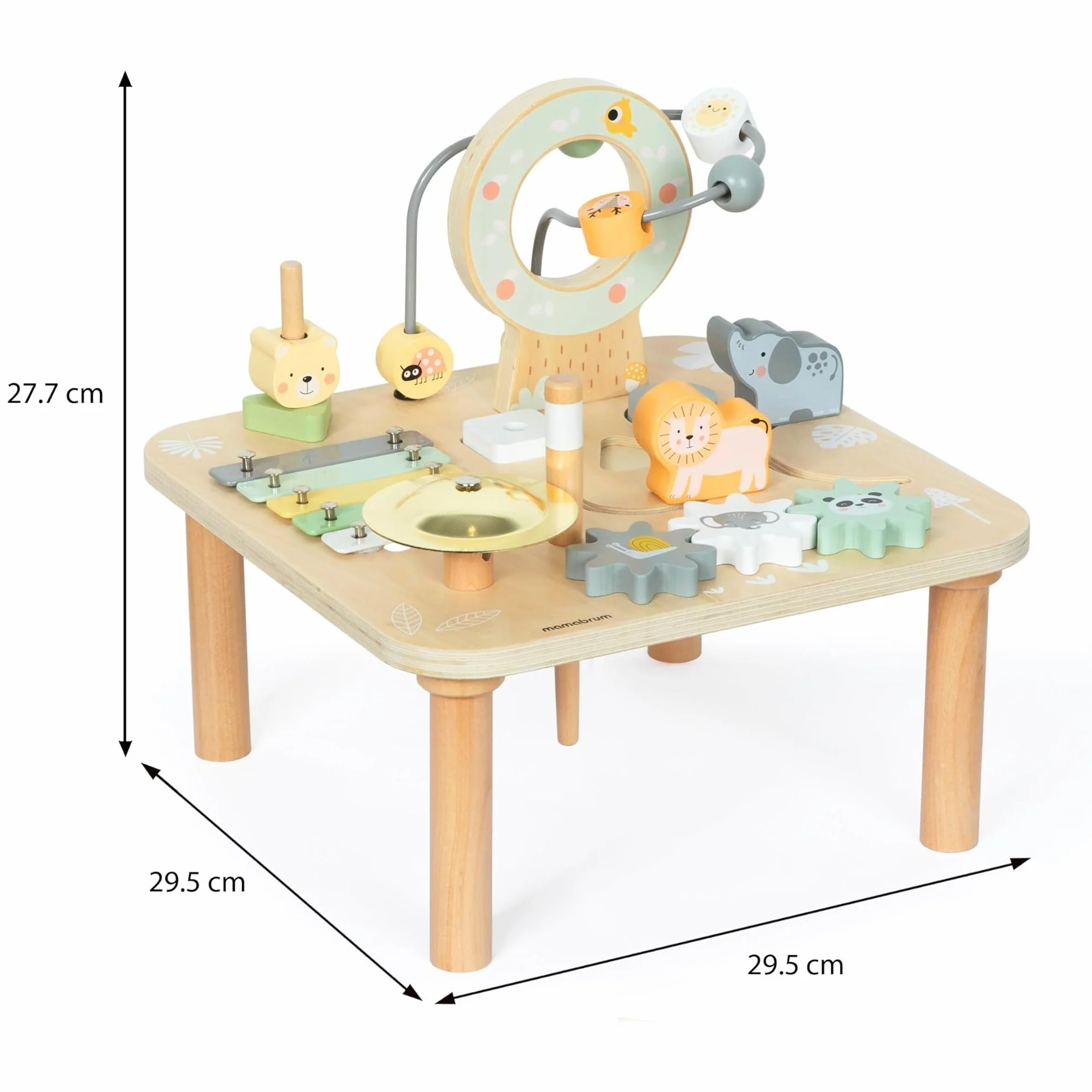 Mamabrum Tavolino Educativo in Legno per Bambini - Giocattolo Musicale 7 in 1 con Pipistrelli e Gong, Percorso Motorio, Puzzle Sensoriale a Tema Giungla