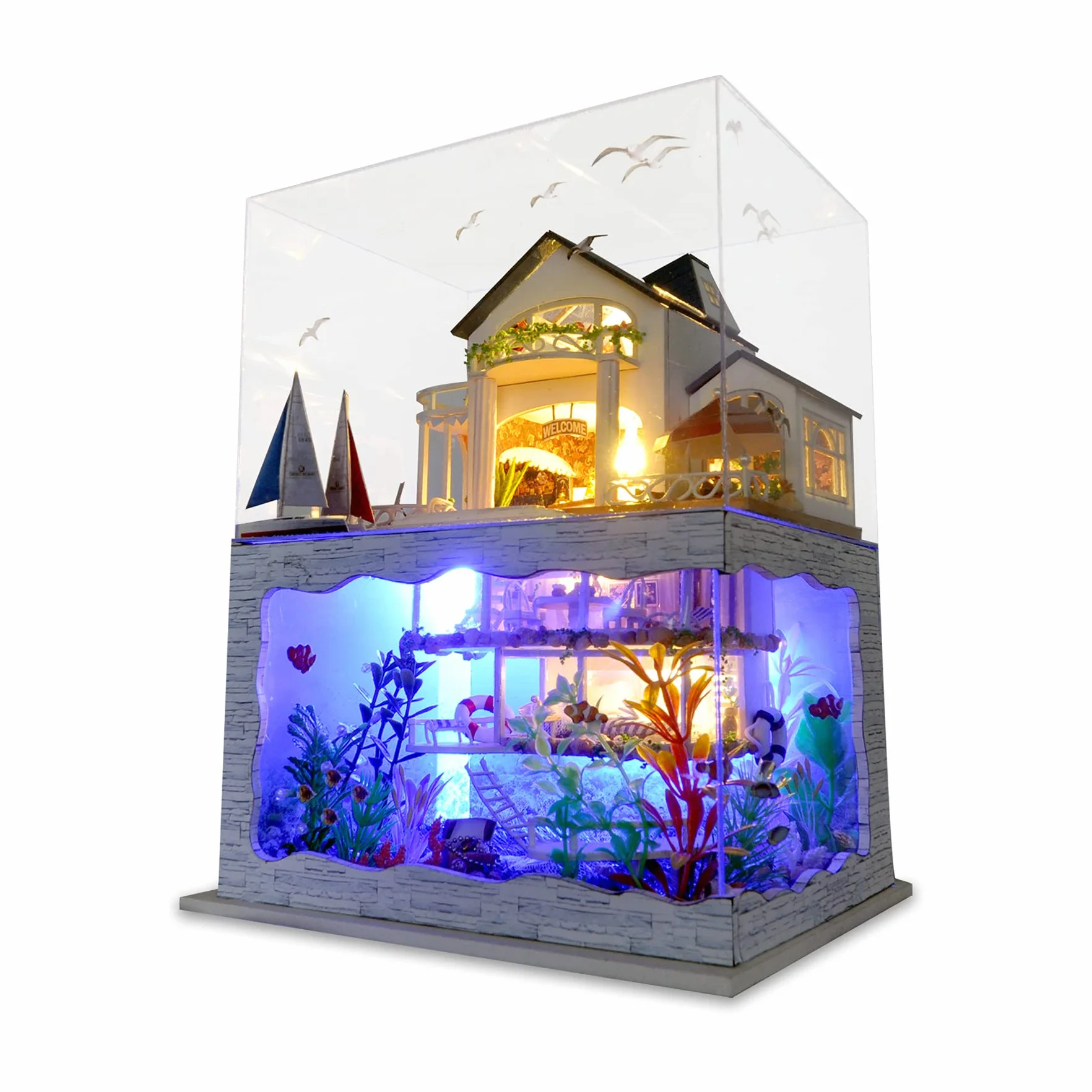 Cuteefun Kit Casa in Miniatura da Costruire, Miniature Casa delle Bambole Fai da Te con Mobili Copertura e Strumenti, Regali Creativi Artigianali (Hawaii Villa)