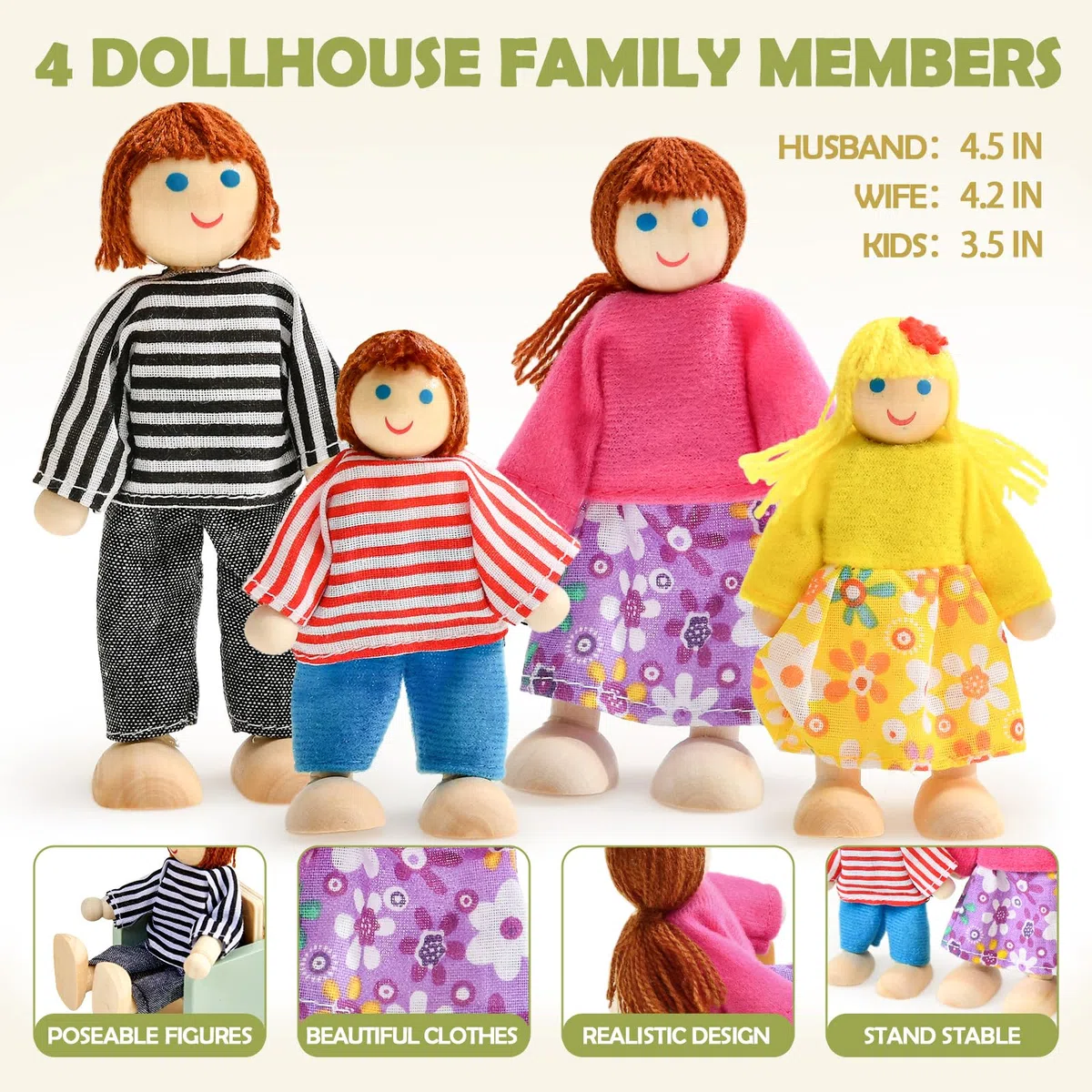 Atoylink 26 PCS Mobili in Legno per Casa delle Bambole con 4 Bambole, Accessori, Regalo di Compleanno per Bambini 3-6 Anni