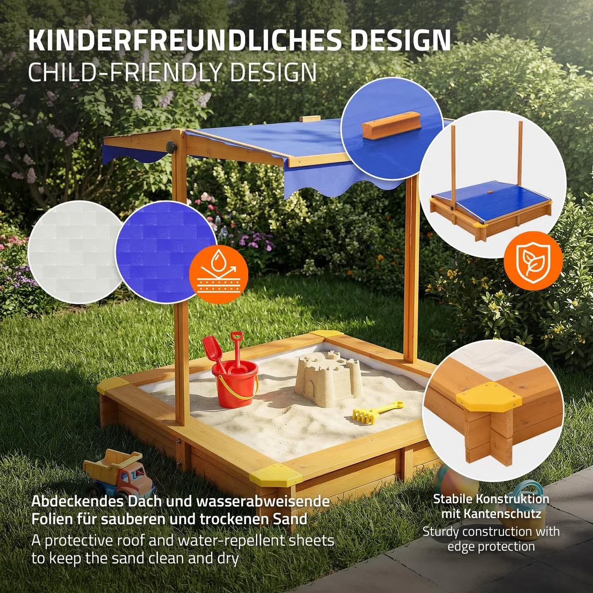 ML-Design Sabbiera con Tetto Regolabile 118x118 cm, in Legno Massello, Sandbox per Bambini con Copertura, Tessuto Base e Bordi Rinforzati, Protezione UV 50, Sabbionaia da Giardino, Gioco da Esterno