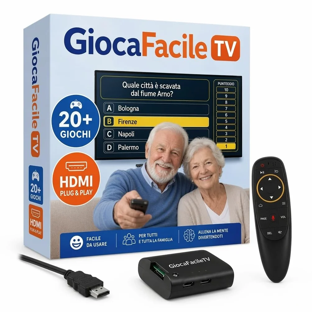 GiocaFacileTV - Console di Giochi per TV - Idea Regalo per Nonni e Genitori - Carte, Quiz, Cruciverba, Memoria - Pensata per Anziani, Telecomando Semplice e Caratteri Grandi - by Semplay