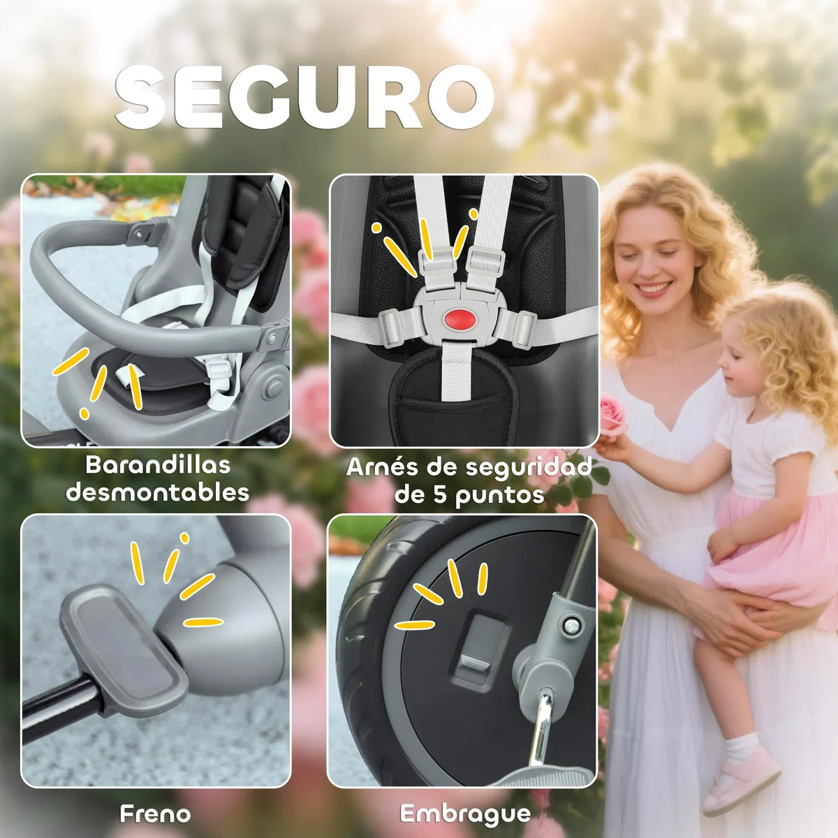 AIYAPLAY 6 in 1 Triciclo Passeggino Bici per Bambini 1-5 Anni Fino 25Kg, Triciclo Pieghevole con Sedile Girevole Fronte Mamma o Strada, Cappottina, Maniglione, Borsa, Ruote e Cintura a 5 Punti, Nero