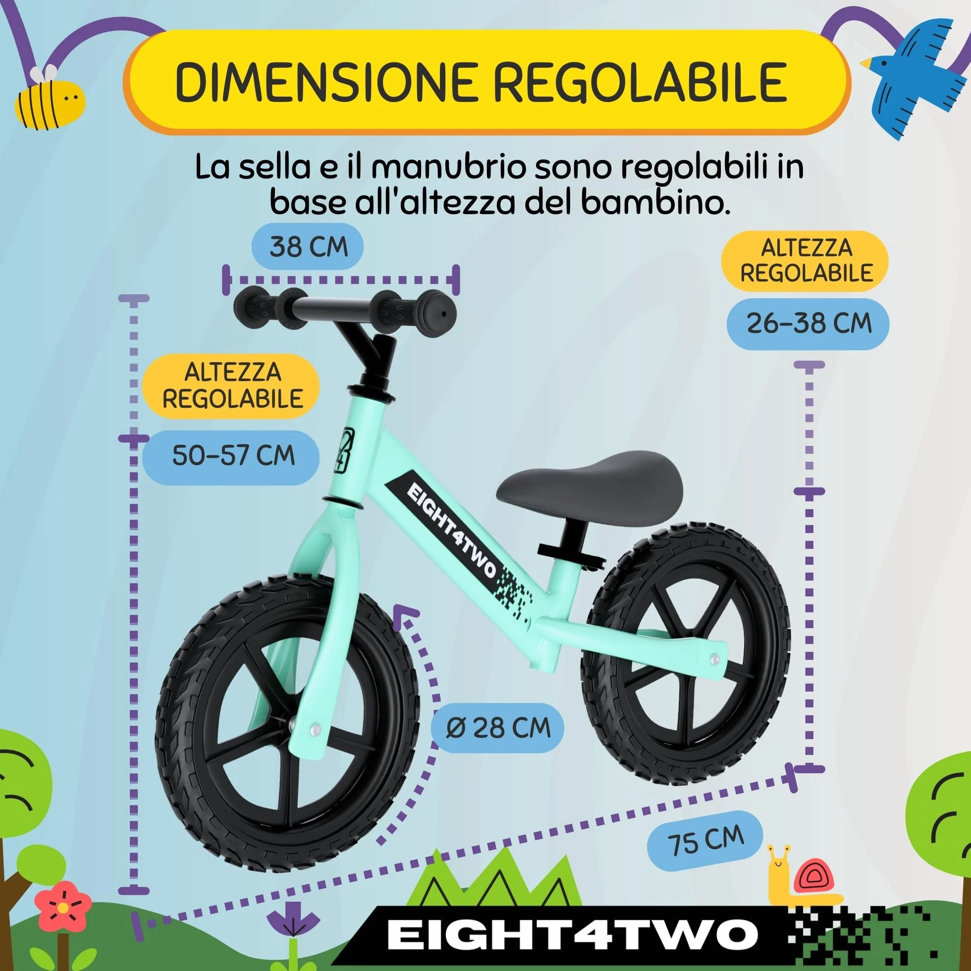 EIGHT4TWO Bicicletta senza pedali per bambini 2, 3, 4 e 5 anni - Bicicletta senza pedali Ideale per bilanciamento - Giocattoli per bambini di 2, 3, 4 e 5 anni.