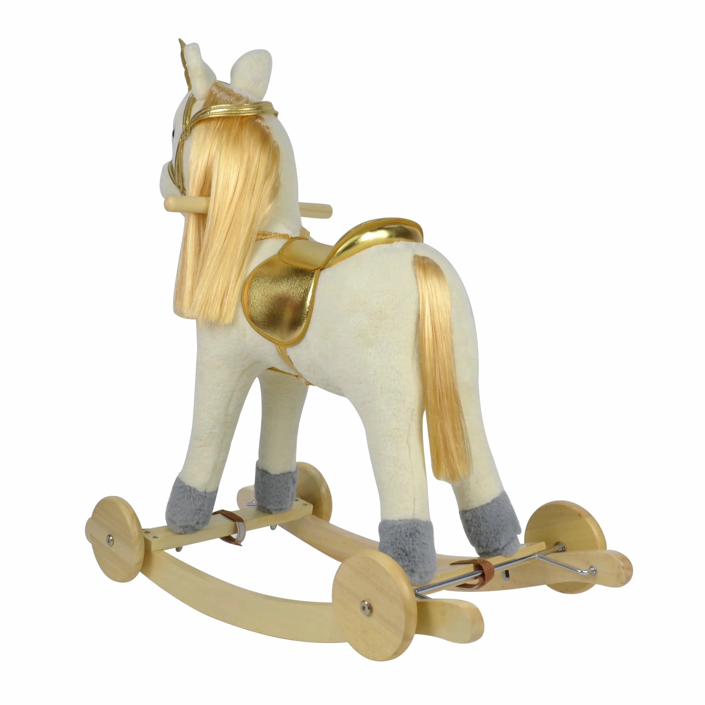 Cavallo a Dondolo per Bambini 36-72 Mesi Unicorno a Dondolo Cavalcabile in Legno e Peluche con Rotelle Suoni e Movimenti Realistici 74x30x62 cm (Bianco e Oro)