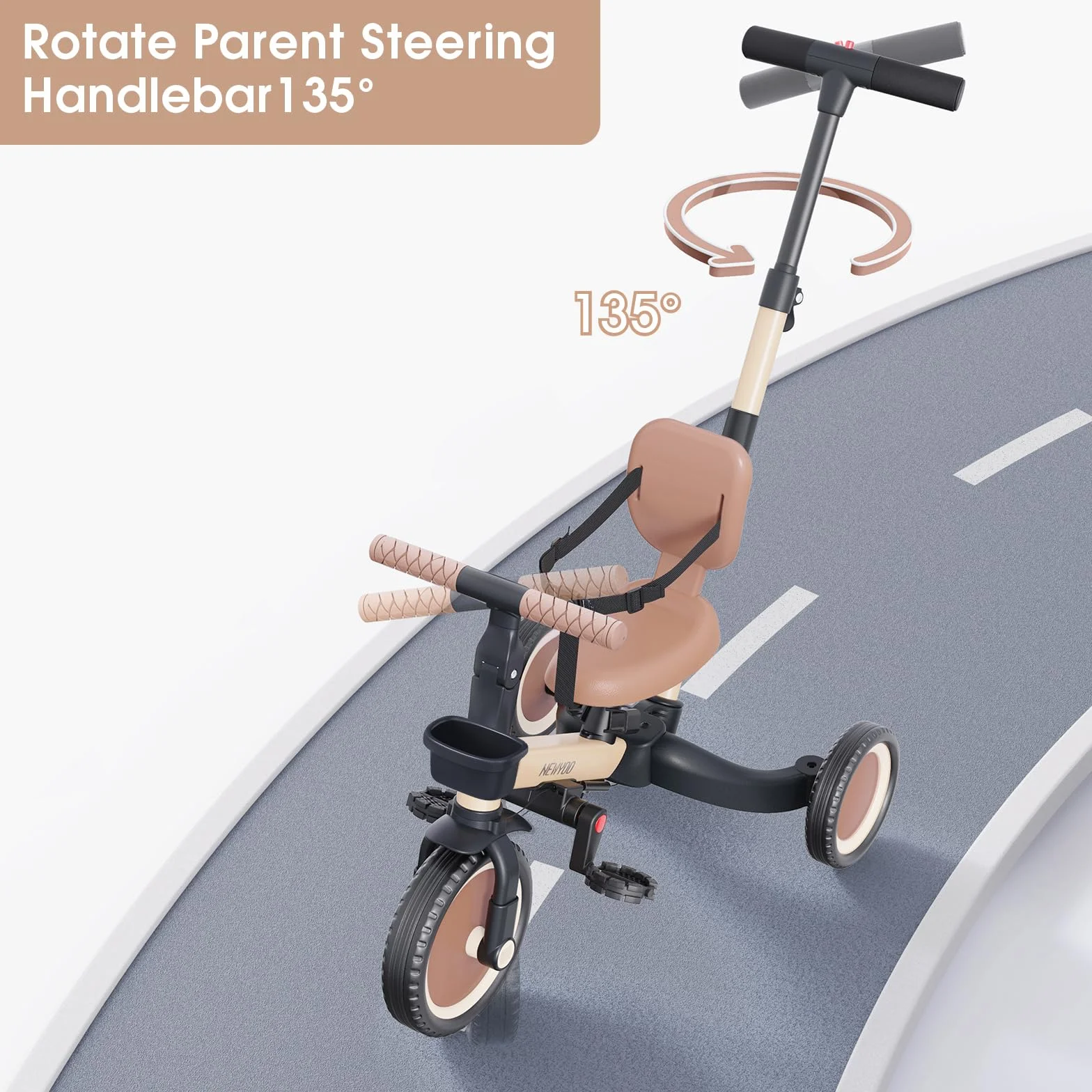 newyoo Triciclo per Bambini 1-3 Anni con Manico di Spinta, Bicicletta per Bambini, Regalo e Giocattolo per Bambini e Bambine, Triciclo 5 in 1 con Schienale e Cintura di Sicurezza, Kaki, TR007
