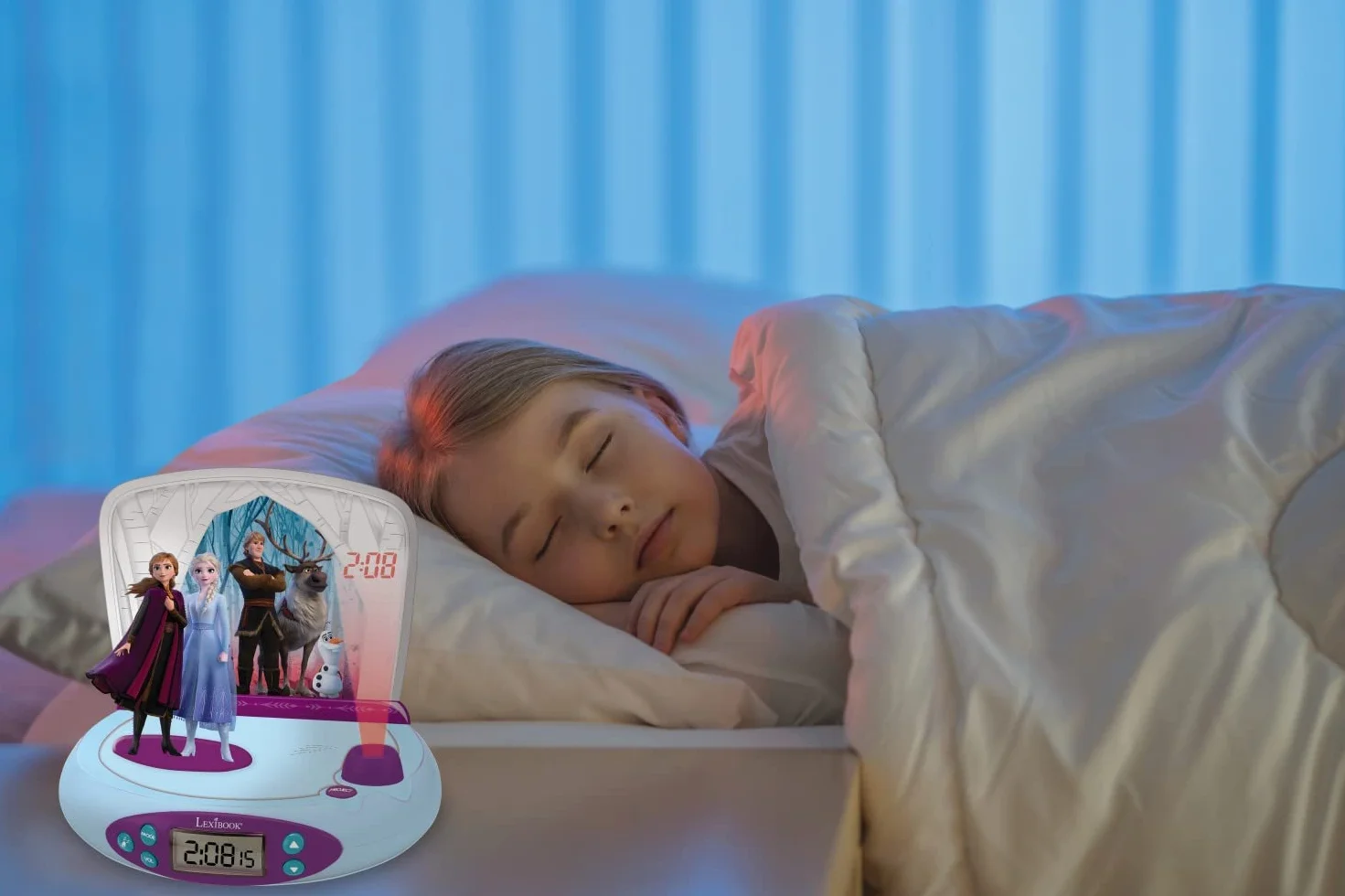 Lexibook, Frozen Elsa Anna, Sveglia con proiettore per bambini, Luce notturna e proiezione dell'ora sul soffitto, Effetti sonori, Alimentazione a batteria, Blu, RP510FZ