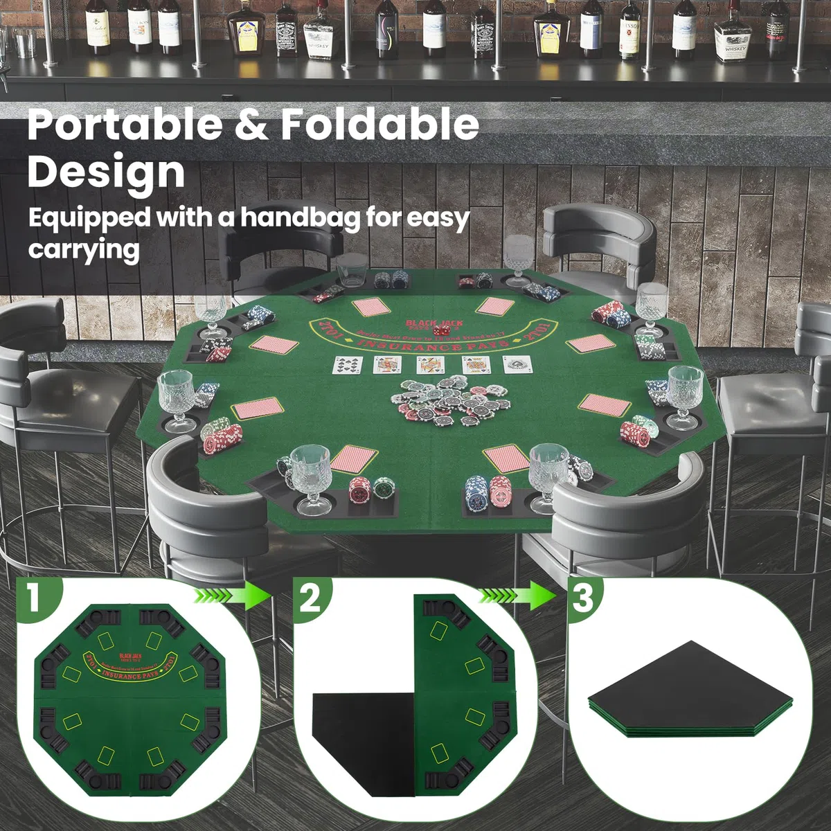 HOMASIS Tappetino da Poker Pieghevole Portatile 120cm Verde con Borsa e Portabicchieri