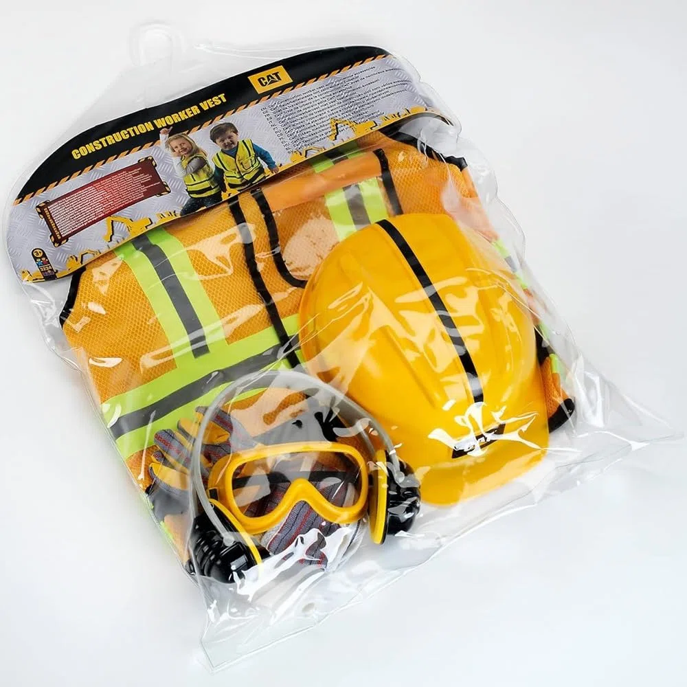 Theo Klein 3224 CAT® gilet da operaio edile, Con casco, guanti, occhiali e protezione per l’udito, Gilet di protezione per bambini da 3 a 6 anni, Giocattolo per bambini a partire da 3 anni